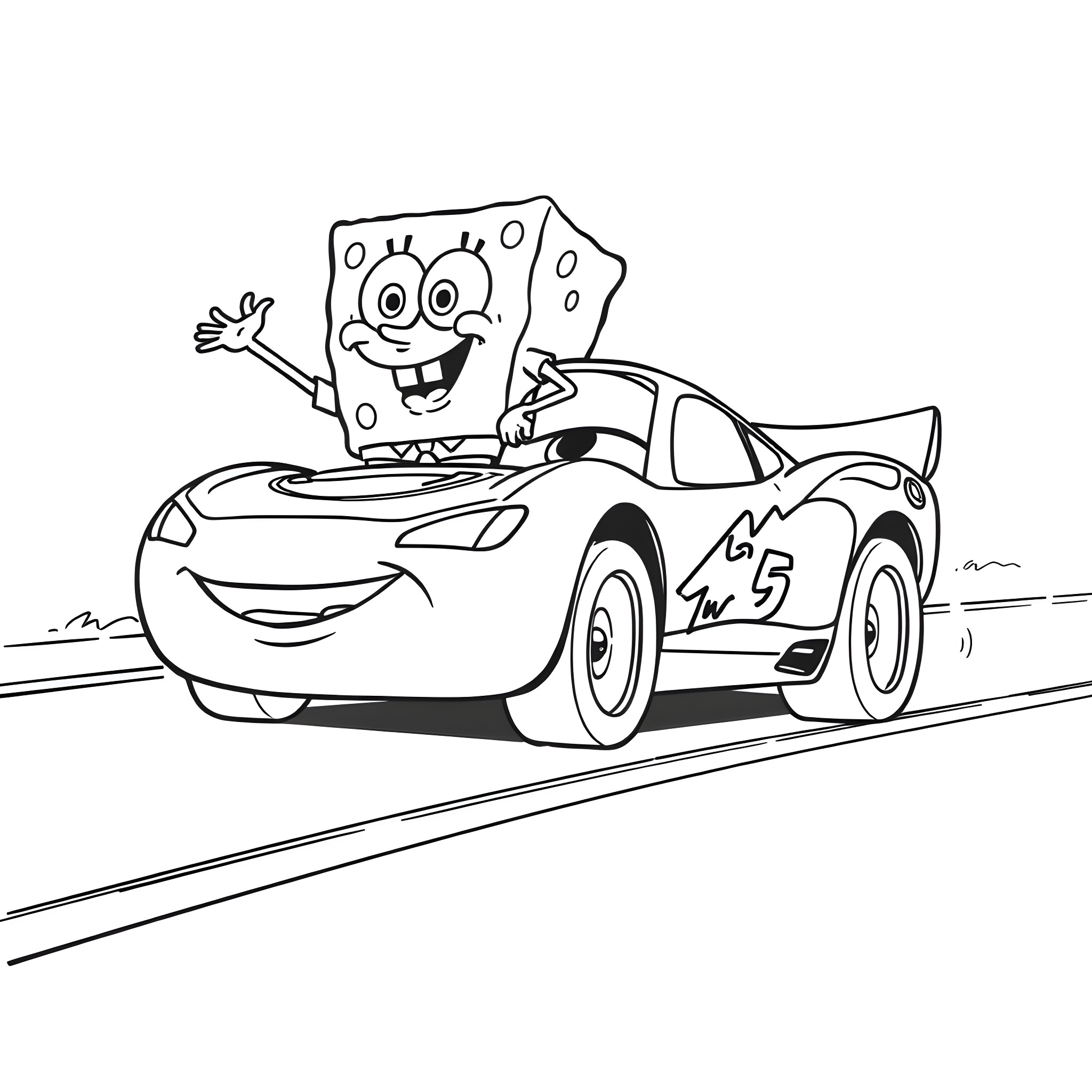 Sponge Bob happily riding a race car Coloring Page (free black-and-white line drawing printable PDF for all, from beginners to advanced learners, including children, teens, adults, and seniors)