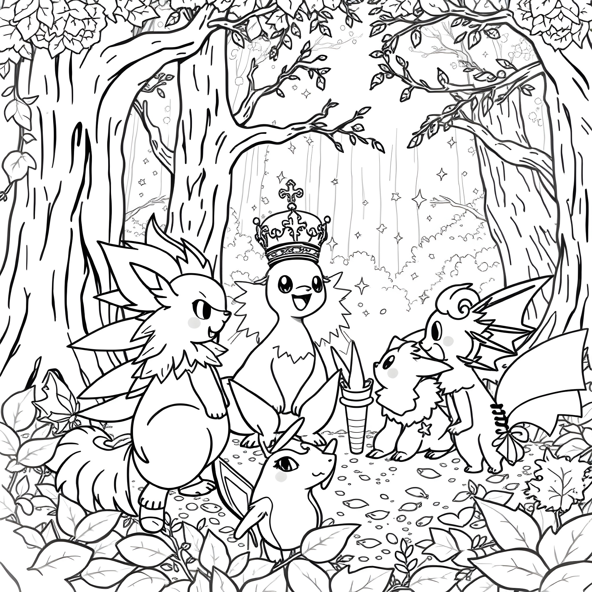 Pokémon characters in a magical forest setting Coloring Page (free black-and-white line drawing printable PDF for all, from beginners to advanced learners, including children, teens, adults, and seniors)