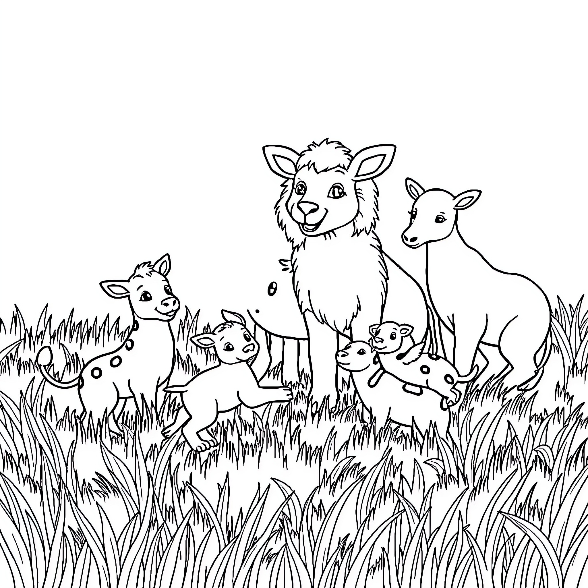 Animal family in the grassy meadow Coloring Page (free black-and-white line drawing printable PDF for all, from beginners to advanced learners, including children, teens, adults, and seniors)