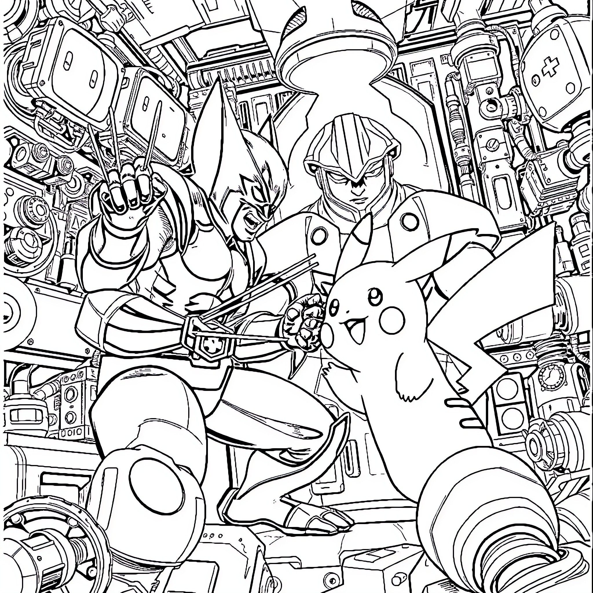 Wolverine's Futuristic Adventure with Pikachu Coloring Page (free black-and-white line drawing printable PDF for all, from beginners to advanced learners, including children, teens, adults, and seniors)