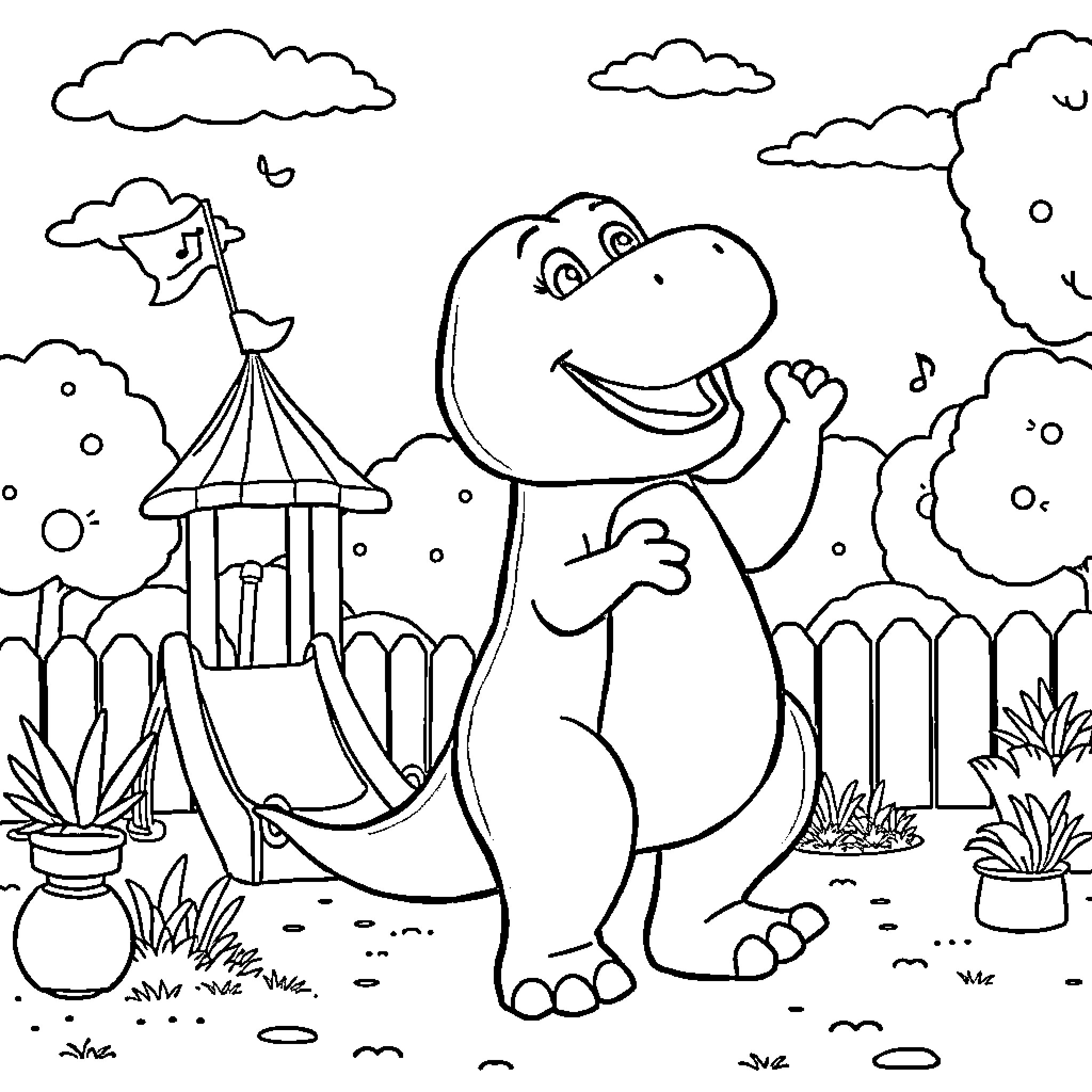 Barney enjoying a day at the carnival Coloring Page (free black-and-white line drawing printable PDF for all, from beginners to advanced learners, including children, teens, adults, and seniors)