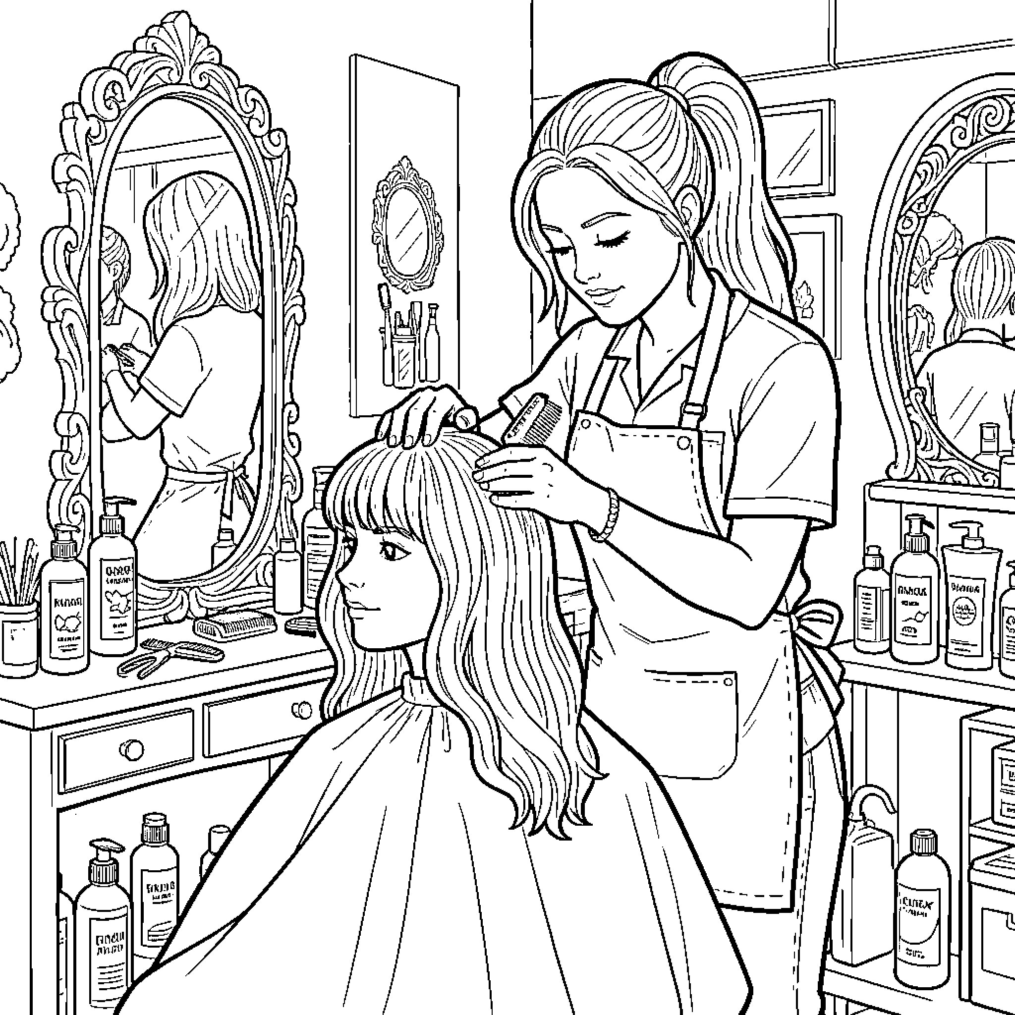 Hairstylist working diligently with client in salon Coloring Page (free black-and-white line drawing printable PDF for all, from beginners to advanced learners, including children, teens, adults, and seniors)