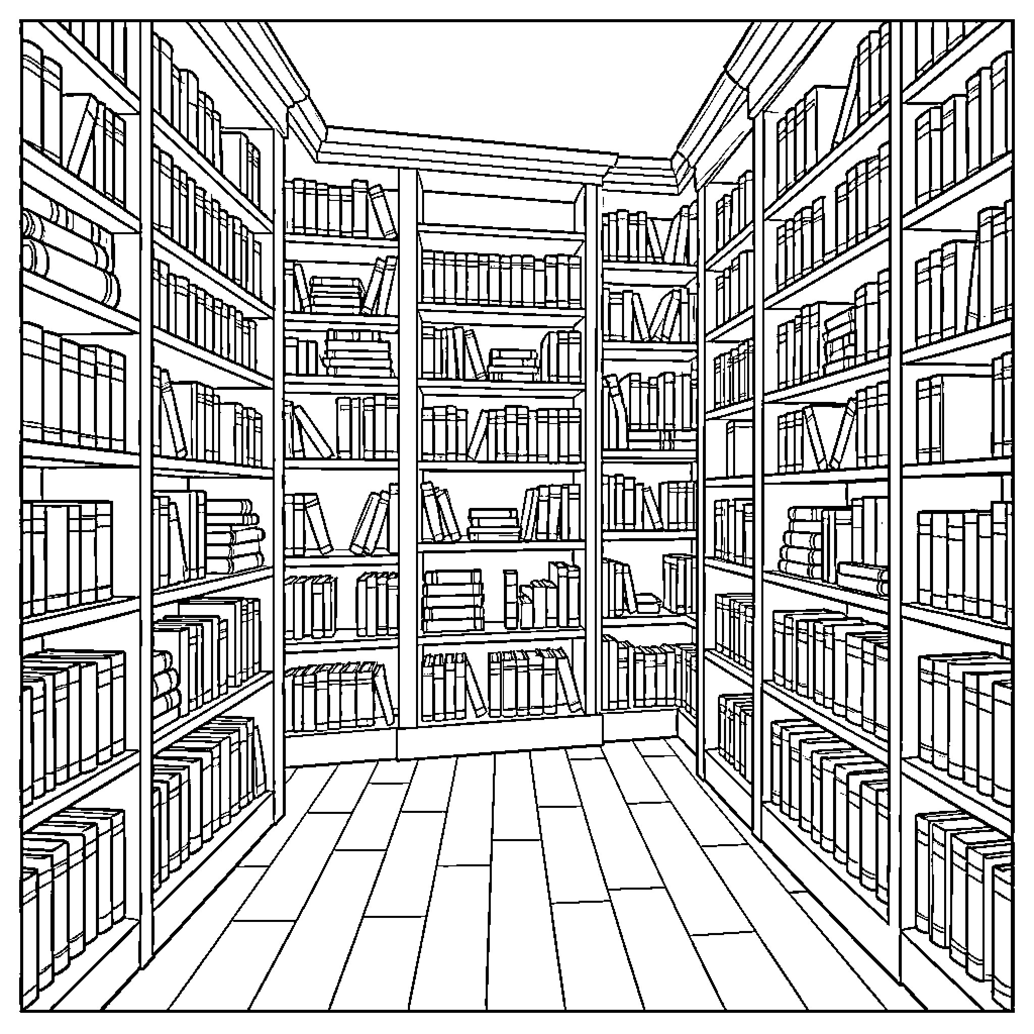 Library bookshelves filled with many books in a room Coloring Page (free black-and-white line drawing printable PDF for all, from beginners to advanced learners, including children, teens, adults, and seniors)