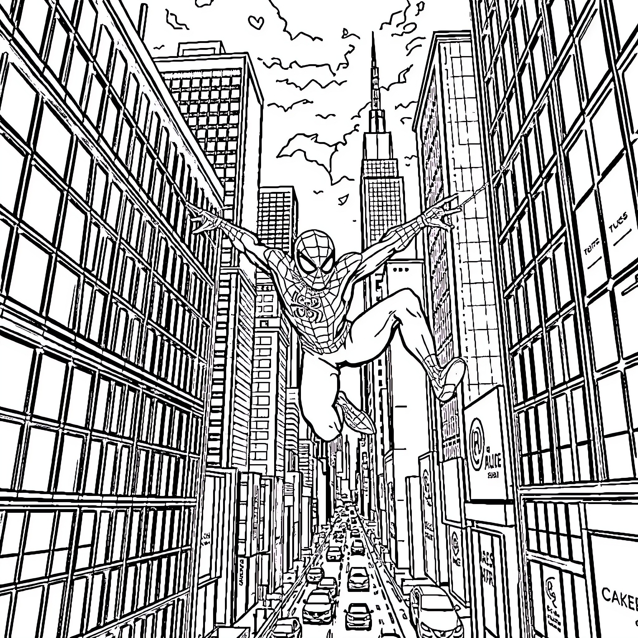 Spiderman swinging through the skyscrapers of the city Coloring Page (free black-and-white line drawing printable PDF for all, from beginners to advanced learners, including children, teens, adults, and seniors)
