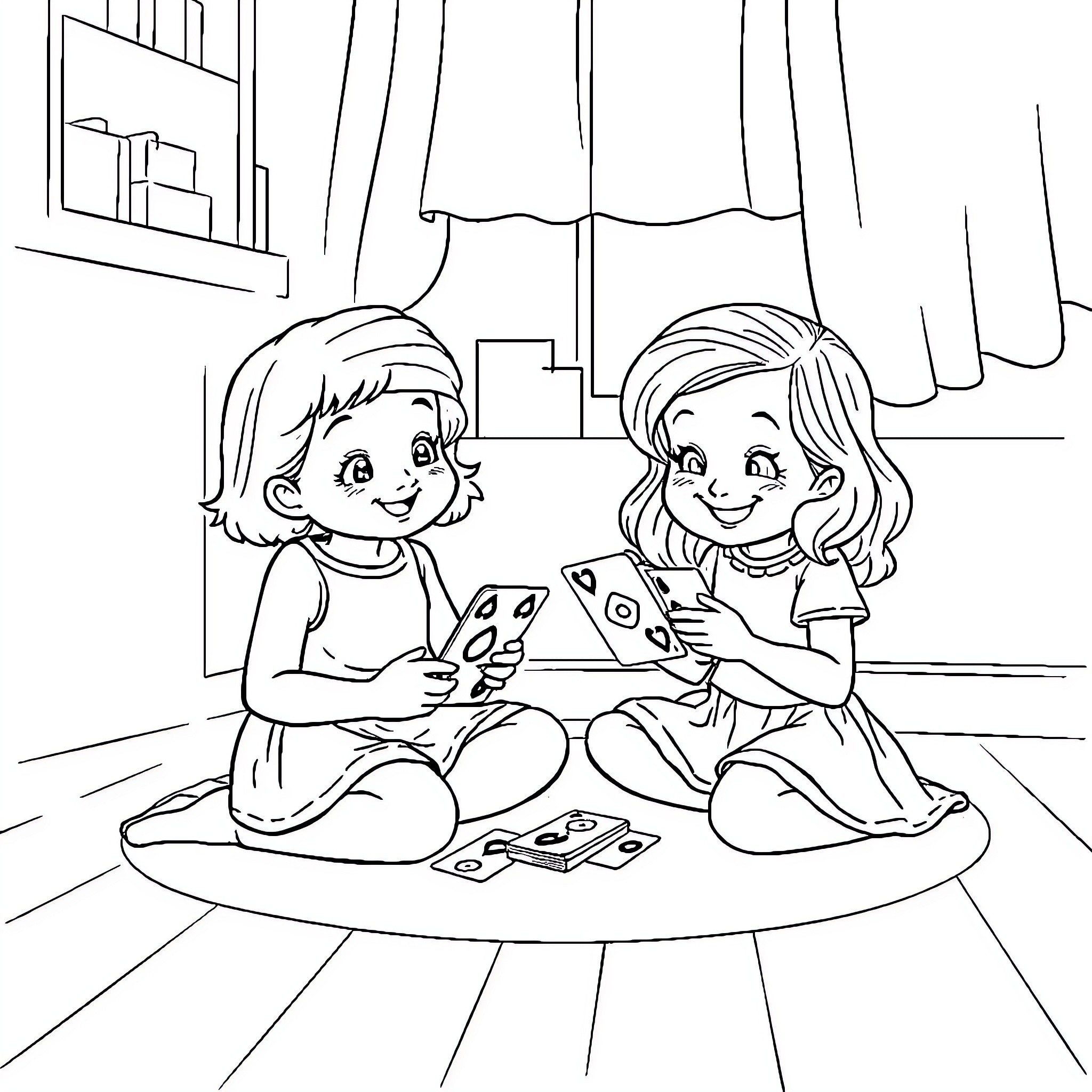 Bluey and sister playing video games together Coloring Page (free black-and-white line drawing printable PDF for all, from beginners to advanced learners, including children, teens, adults, and seniors)