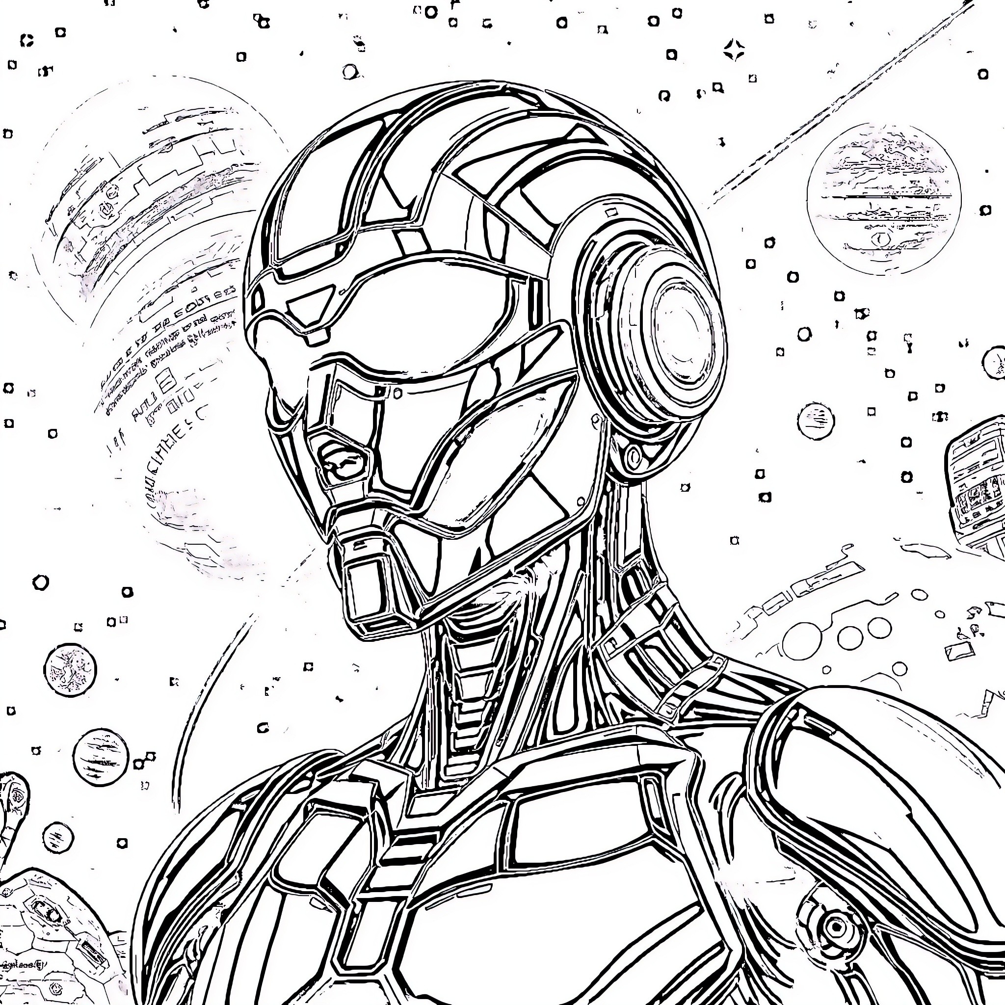 Humanoid Robot in Futuristic Space-Themed Attire Coloring Page (free black-and-white line drawing printable PDF for all, from beginners to advanced learners, including children, teens, adults, and seniors)