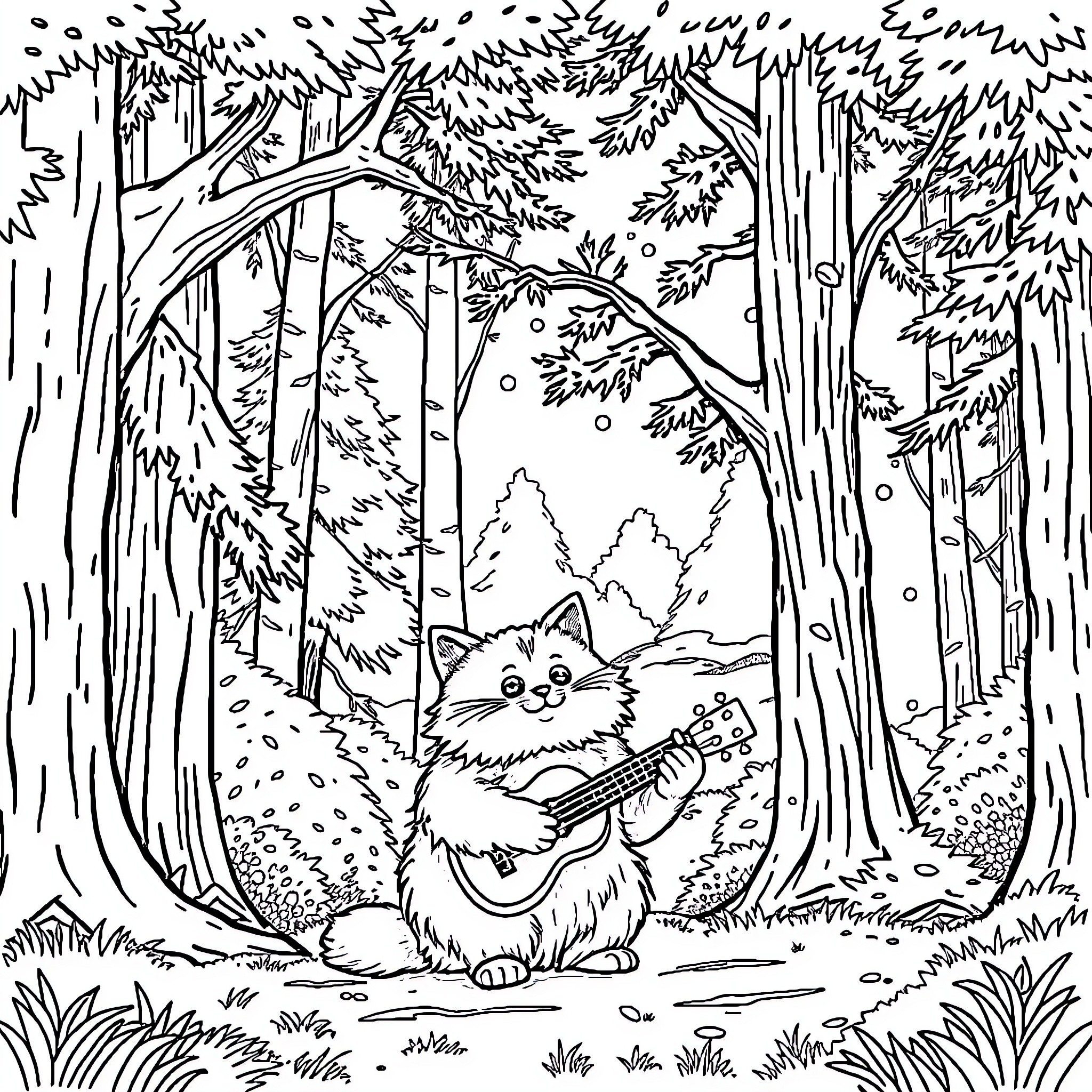 Cat playing guitar in the forest Coloring Page (free black-and-white line drawing printable PDF for all, from beginners to advanced learners, including children, teens, adults, and seniors)