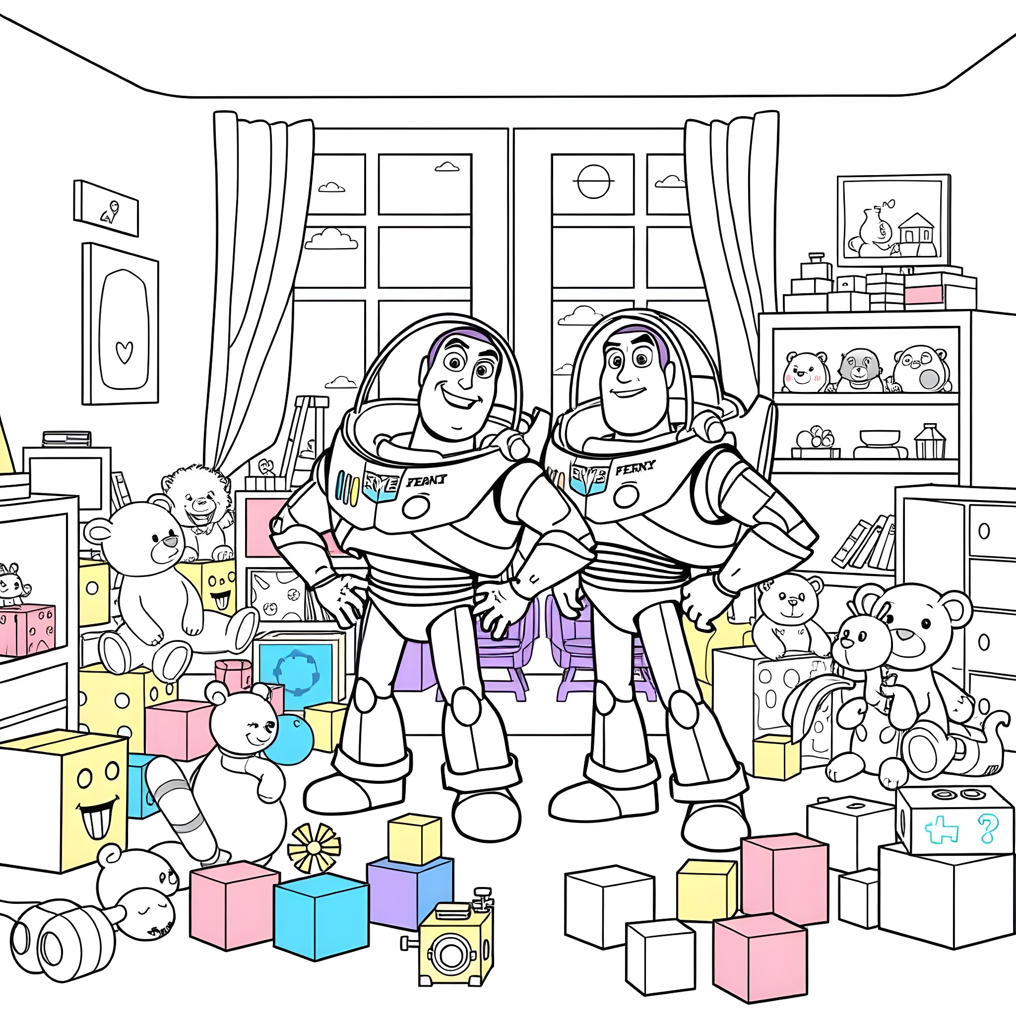 Toy Story Characters in Playful Room Coloring Page (free black-and-white line drawing printable PDF for all, from beginners to advanced learners, including children, teens, adults, and seniors)
