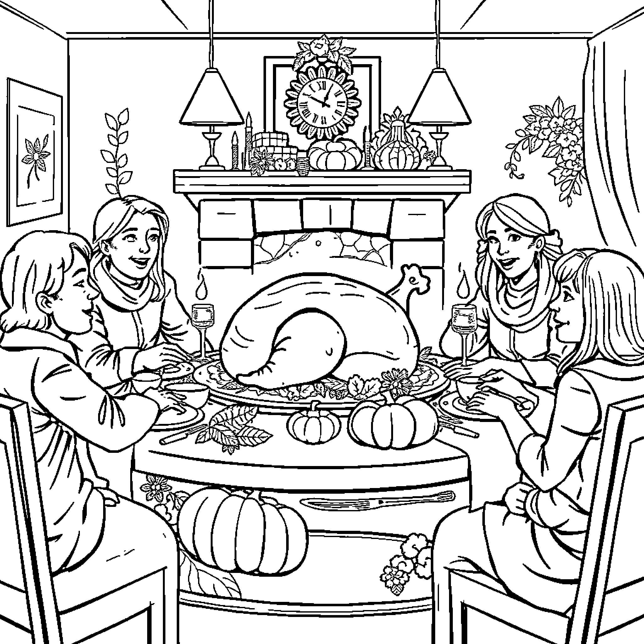 Thanksgiving Family Gathering and Dinner Celebration Coloring Page (free black-and-white line drawing printable PDF for all, from beginners to advanced learners, including children, teens, adults, and seniors)