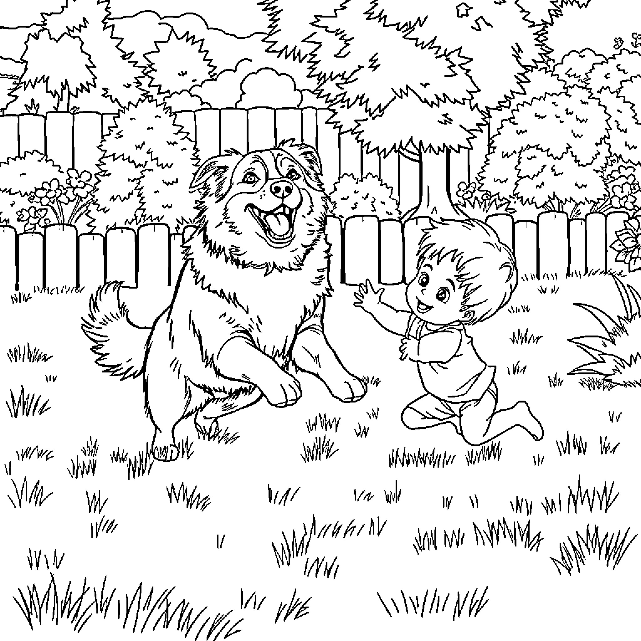 Dog and child playing happily in the backyard Coloring Page (free black-and-white line drawing printable PDF for all, from beginners to advanced learners, including children, teens, adults, and seniors)