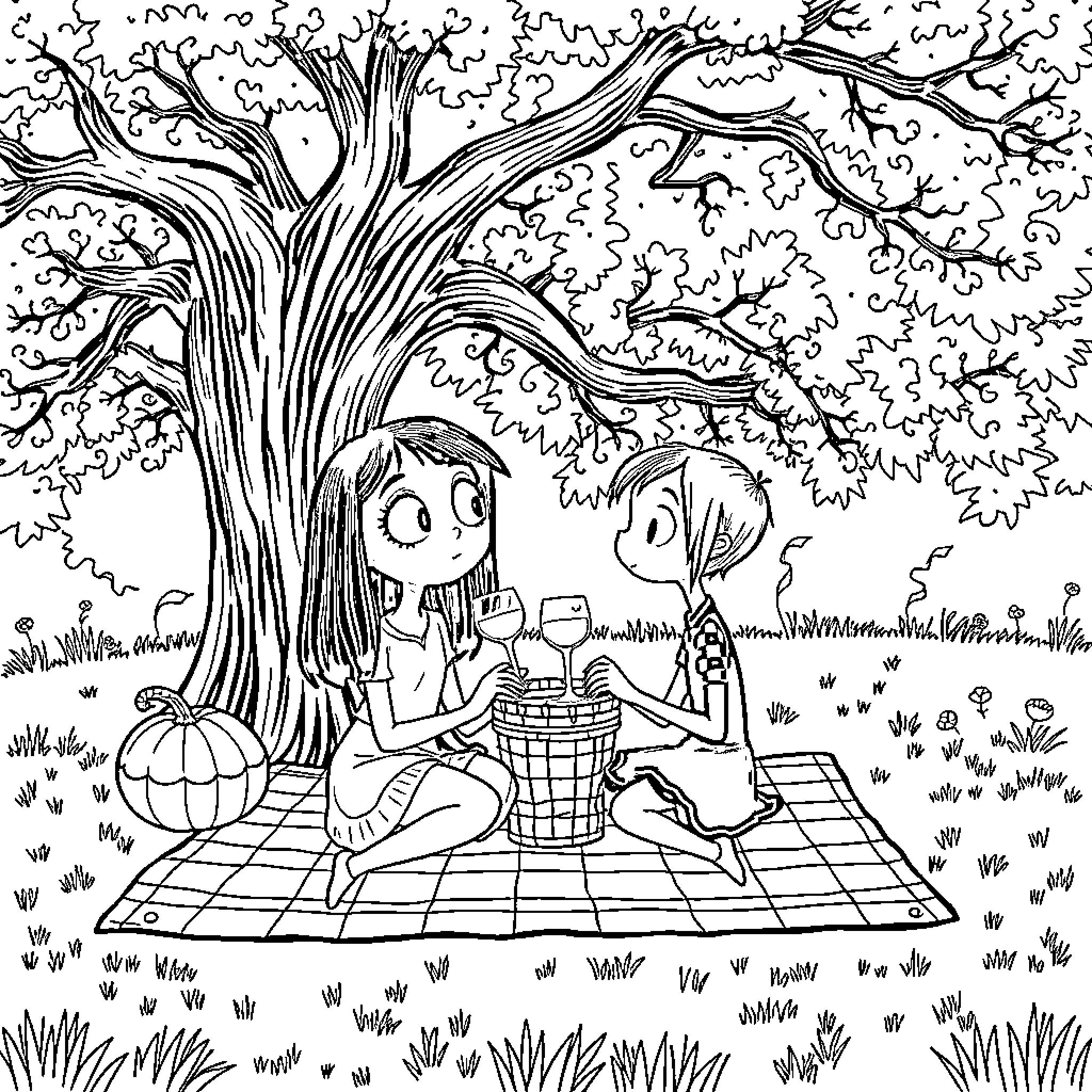 Coraline's Whimsical Picnic in the Enchanted Forest Coloring Page (free black-and-white line drawing printable PDF for all, from beginners to advanced learners, including children, teens, adults, and seniors)