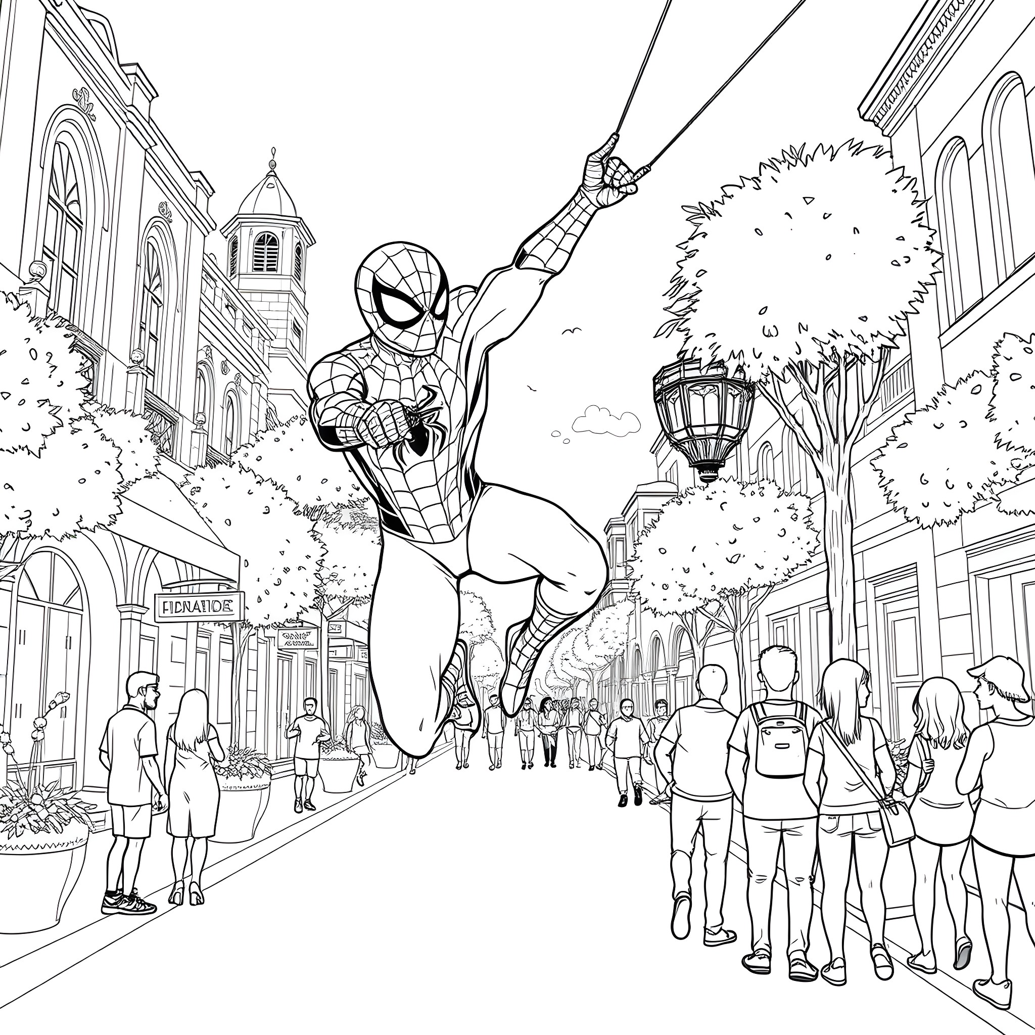 Spider-Man swinging through a busy city street Coloring Page (free black-and-white line drawing printable PDF for all, from beginners to advanced learners, including children, teens, adults, and seniors)