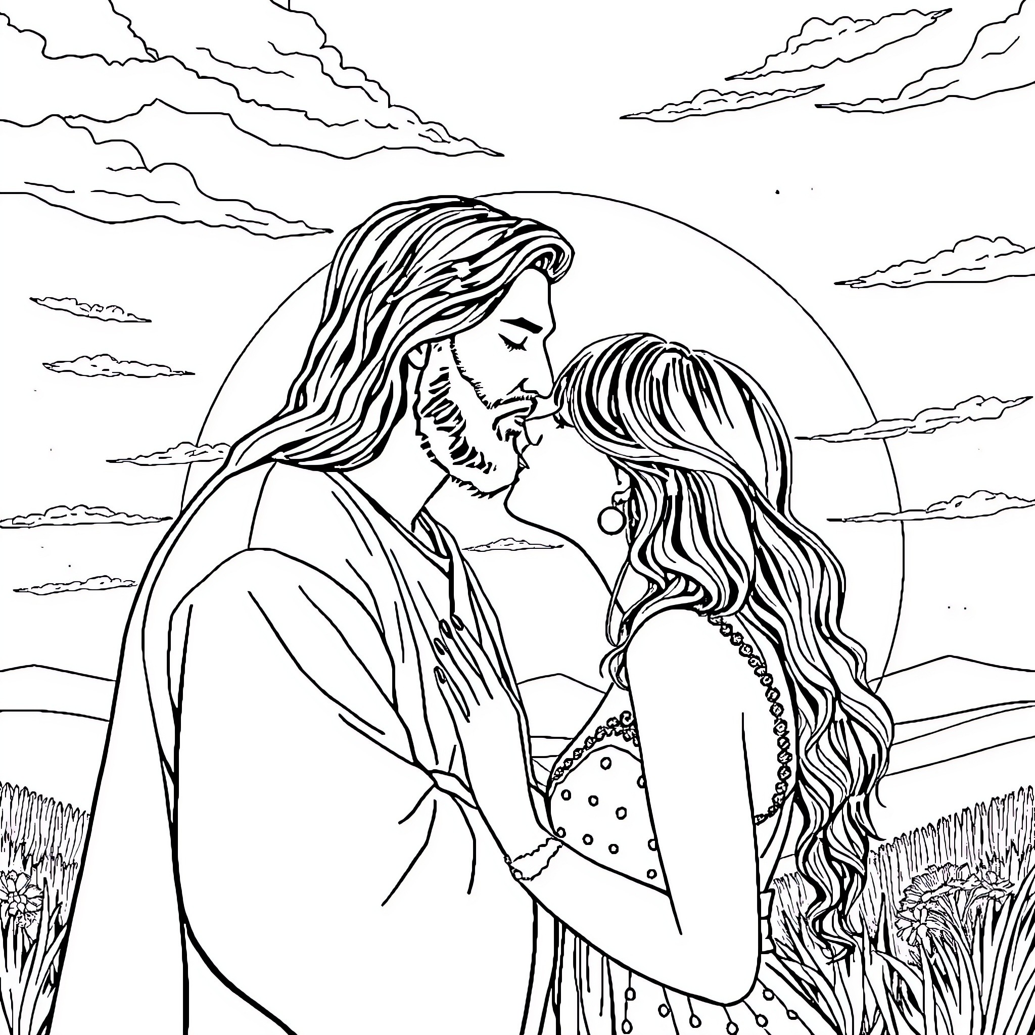 Jesus and His Beloved in Embrace Under Starry Sky Coloring Page (free black-and-white line drawing printable PDF for all, from beginners to advanced learners, including children, teens, adults, and seniors)