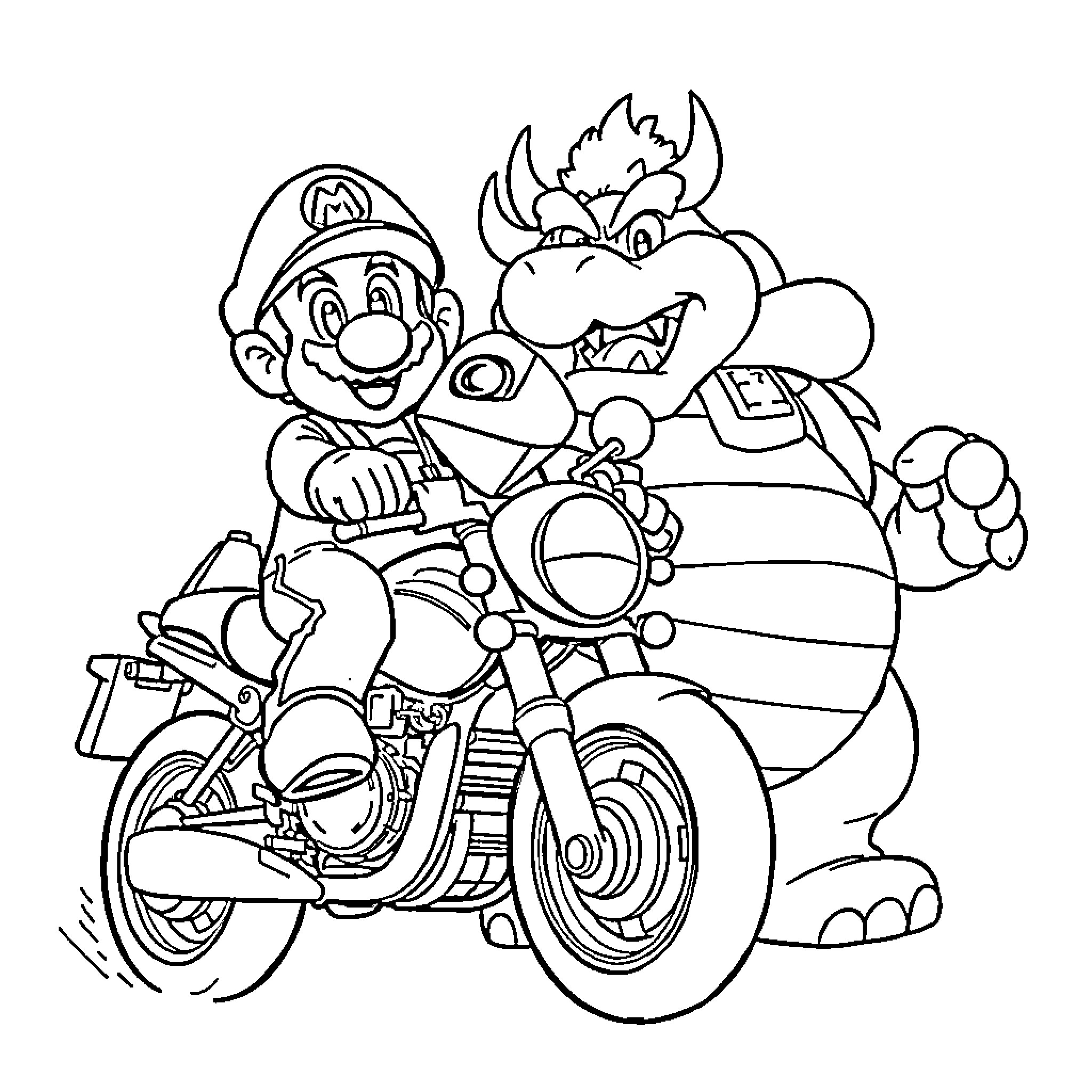 Mario and Bowser Riding Motorcycle Together Coloring Page (free black-and-white line drawing printable PDF for all, from beginners to advanced learners, including children, teens, adults, and seniors)