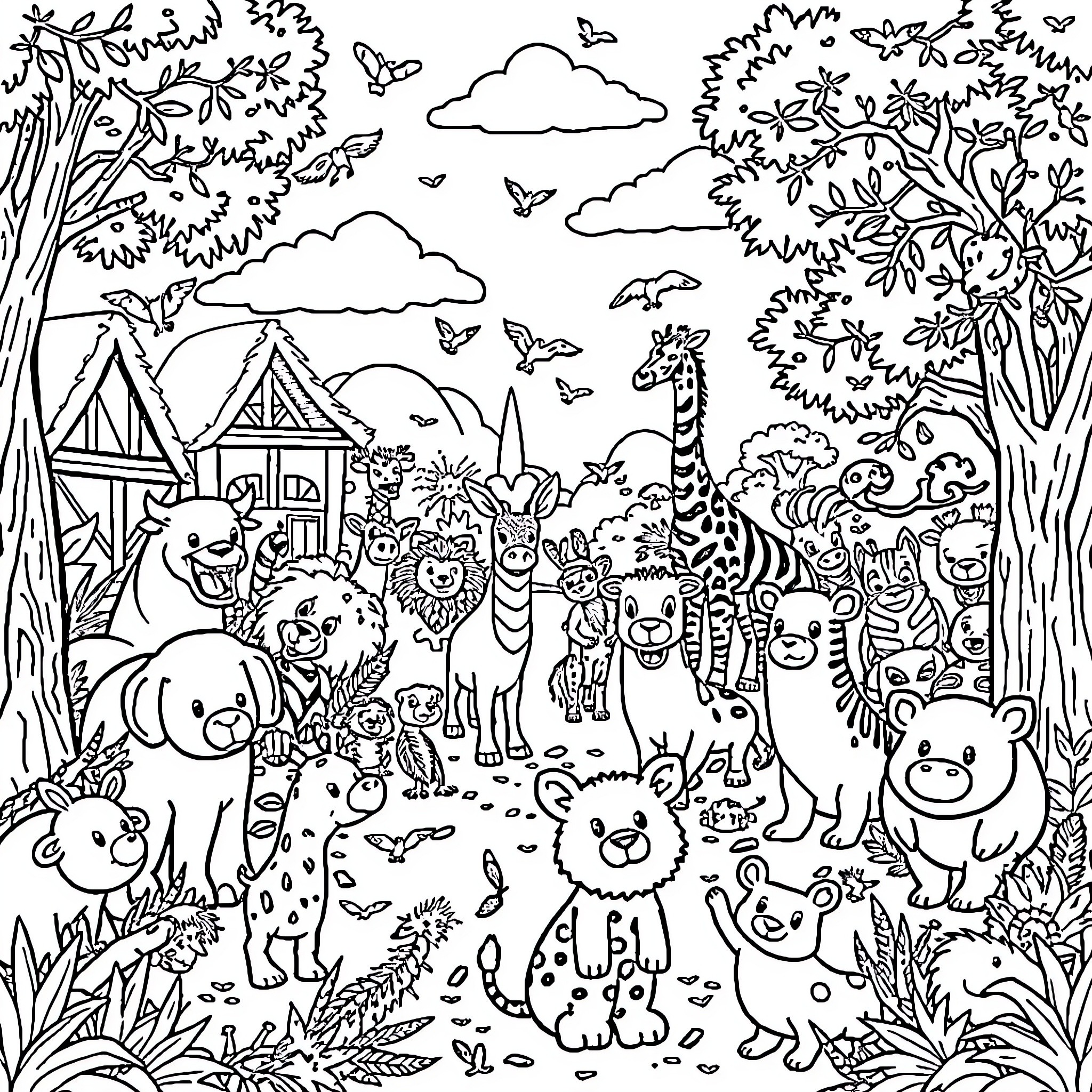 Zoo with Whimsical Animal Friends Coloring Page (free black-and-white line drawing printable PDF for all, from beginners to advanced learners, including children, teens, adults, and seniors)