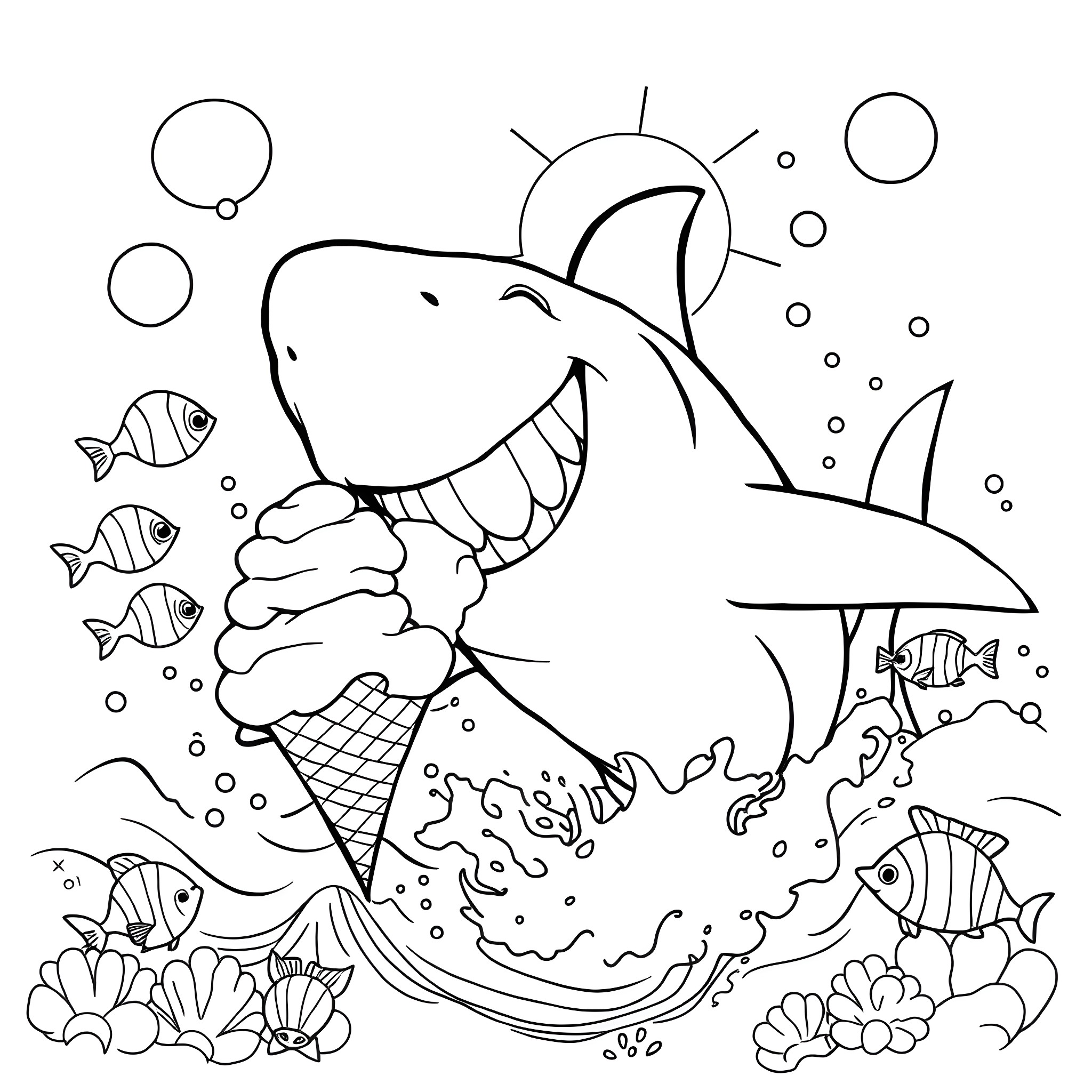 Shark enjoying an ice cream cone underwater Coloring Page (free black-and-white line drawing printable PDF for all, from beginners to advanced learners, including children, teens, adults, and seniors)