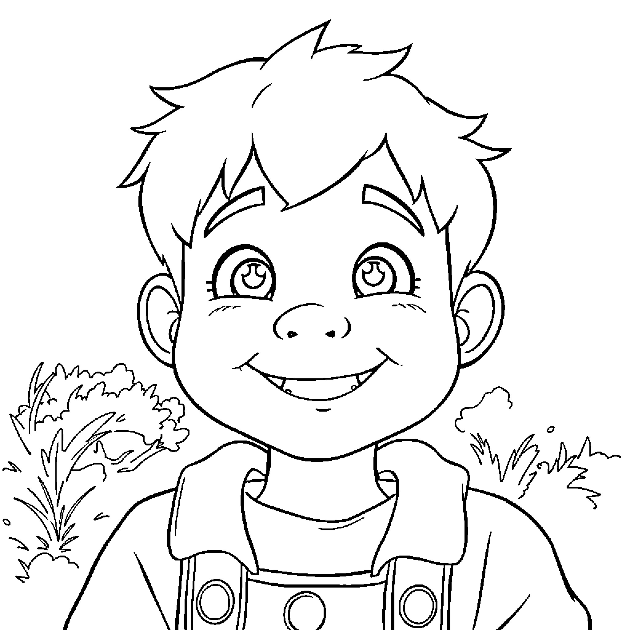 Thomas' Cheerful Expression in Playful Outdoor Setting Coloring Page (free black-and-white line drawing printable PDF for all, from beginners to advanced learners, including children, teens, adults, and seniors)