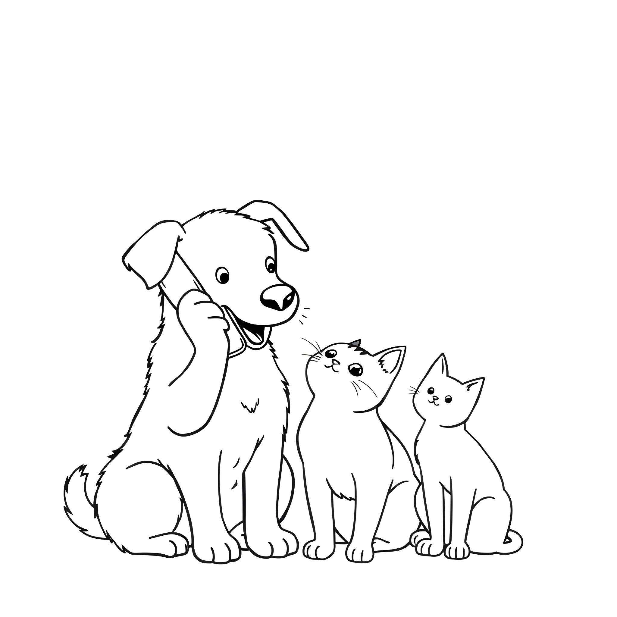 Dog and Cats Sitting Together Coloring Page (free black-and-white line drawing printable PDF for all, from beginners to advanced learners, including children, teens, adults, and seniors)