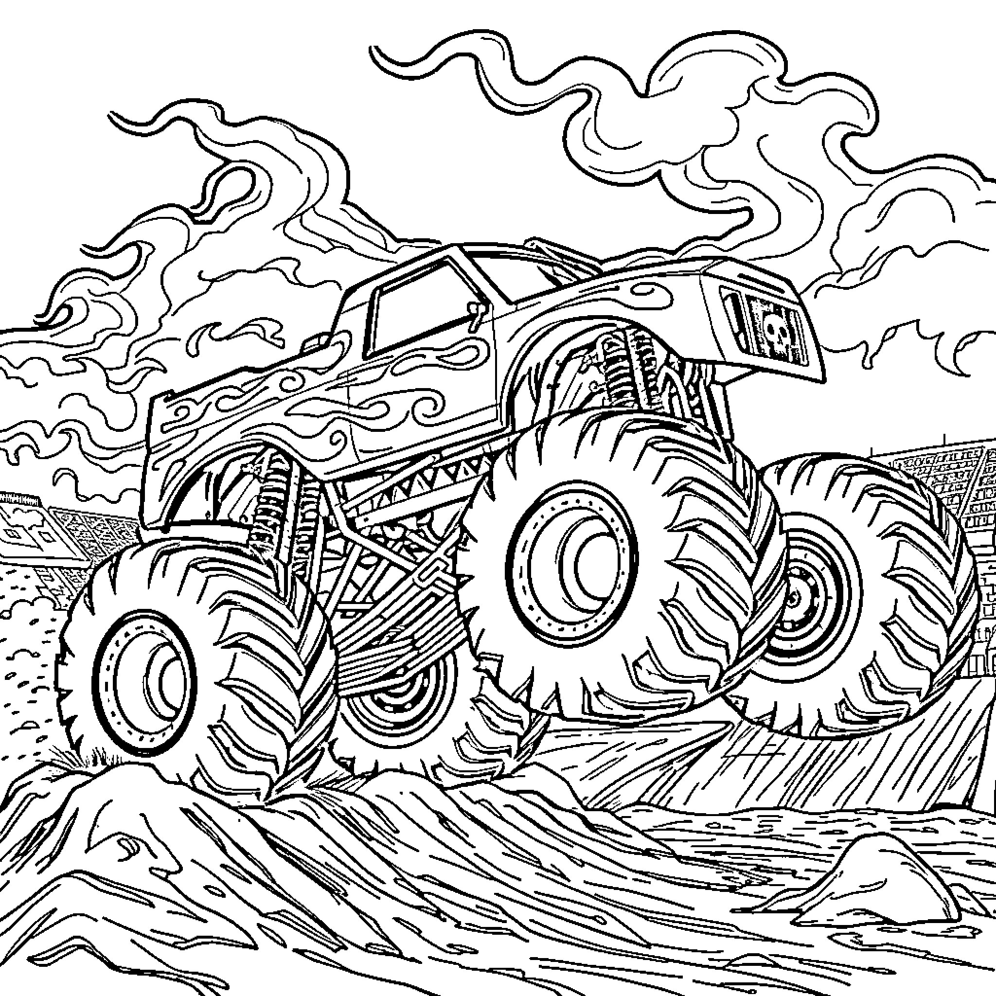 Monster Truck Crushing Through Rough Terrain Coloring Page (free black-and-white line drawing printable PDF for all, from beginners to advanced learners, including children, teens, adults, and seniors)