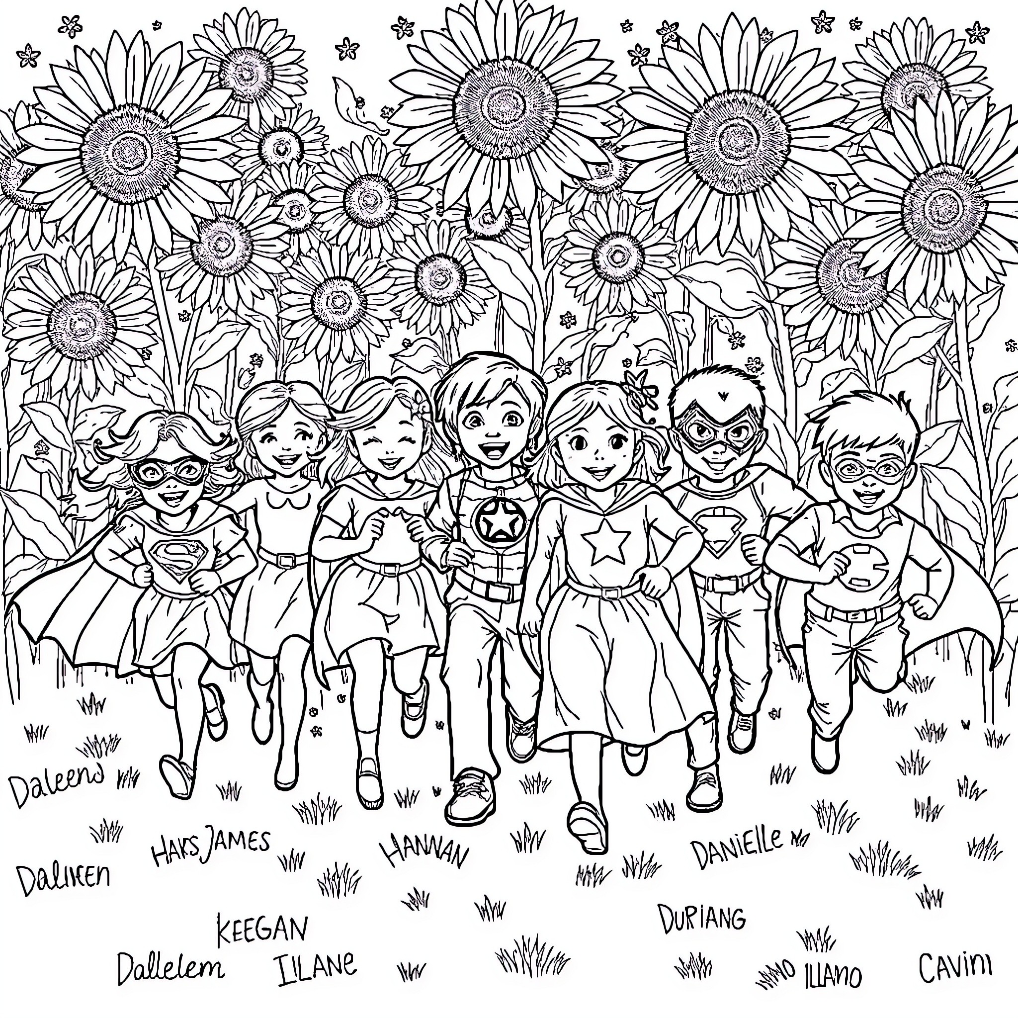 Kid superheroes playing in a field of sunflowers Coloring Page (free black-and-white line drawing printable PDF for all, from beginners to advanced learners, including children, teens, adults, and seniors)