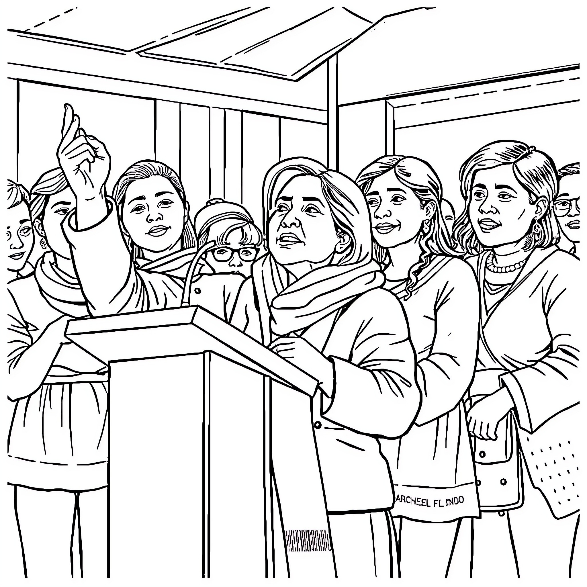 President speaking passionately to a crowd of supporters Coloring Page (free black-and-white line drawing printable PDF for all, from beginners to advanced learners, including children, teens, adults, and seniors)
