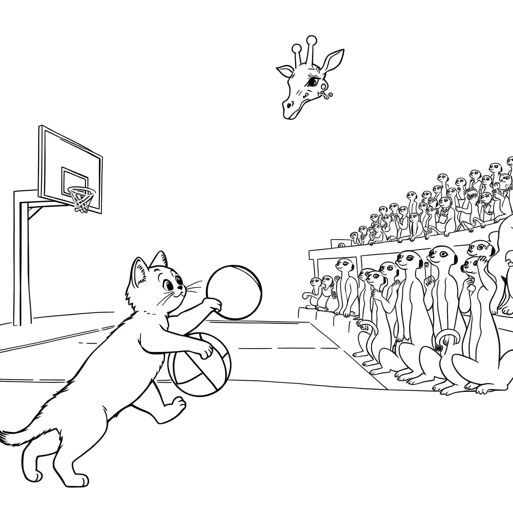 Kitty Cat Playing Basketball with Crowd Coloring Page (free black-and-white line drawing printable PDF for all, from beginners to advanced learners, including children, teens, adults, and seniors)