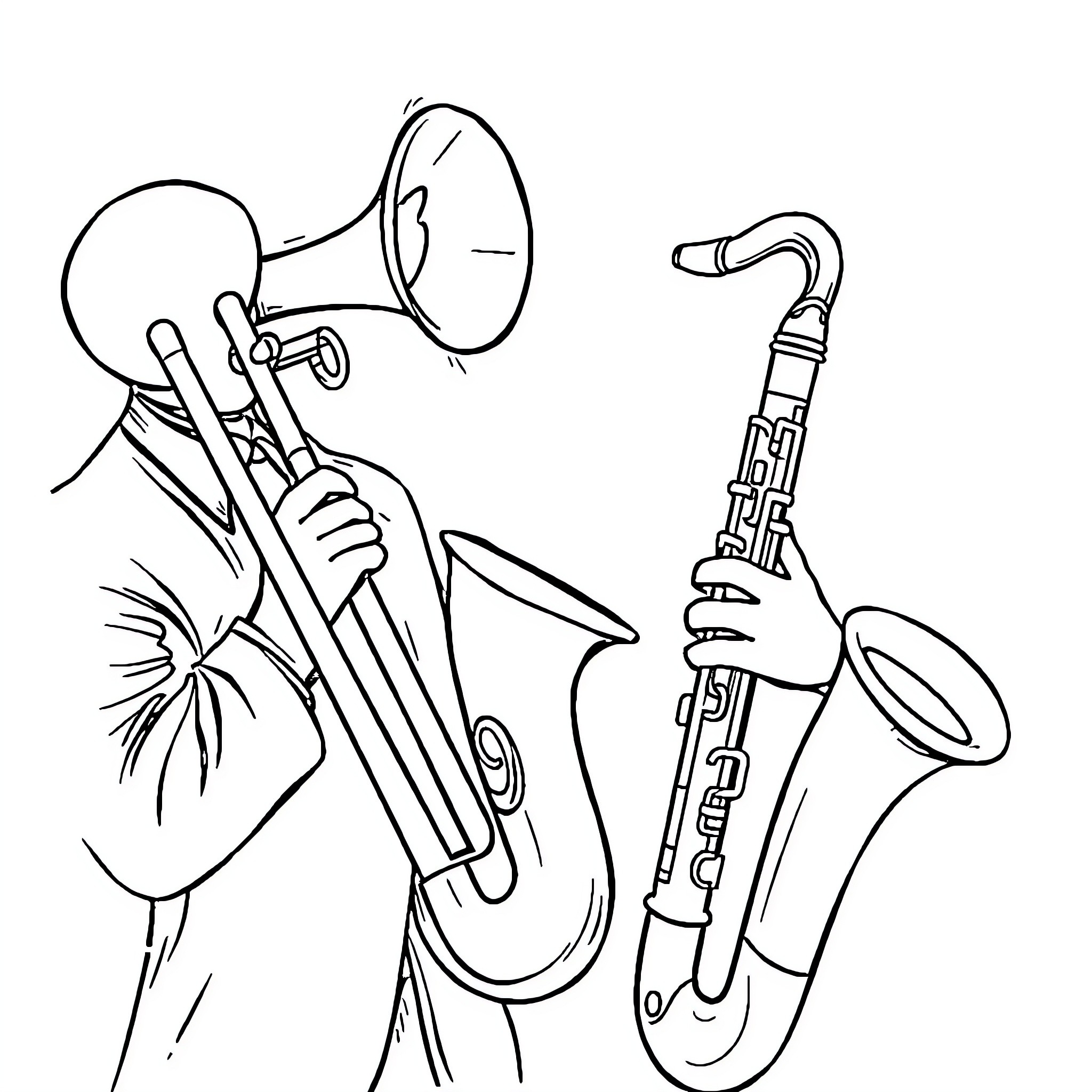 Musical Instrument Jazz Performance Coloring Page (free black-and-white line drawing printable PDF for all, from beginners to advanced learners, including children, teens, adults, and seniors)