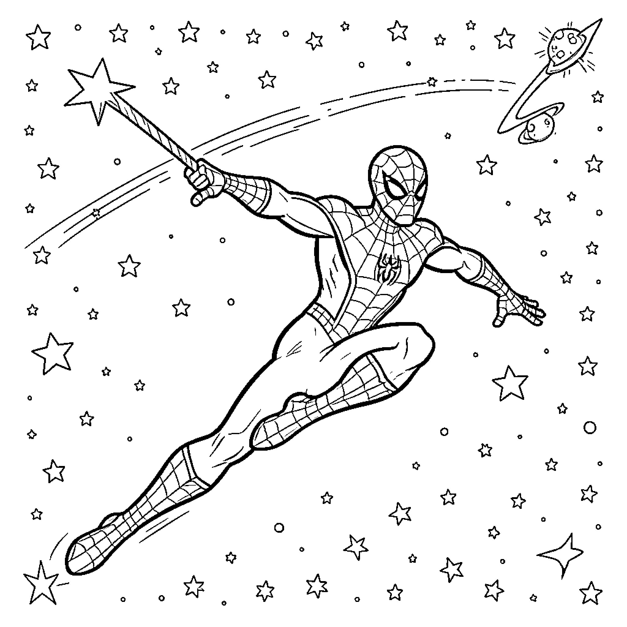 Spider-Man wielding a magic wand among stars Coloring Page (free black-and-white line drawing printable PDF for all, from beginners to advanced learners, including children, teens, adults, and seniors)