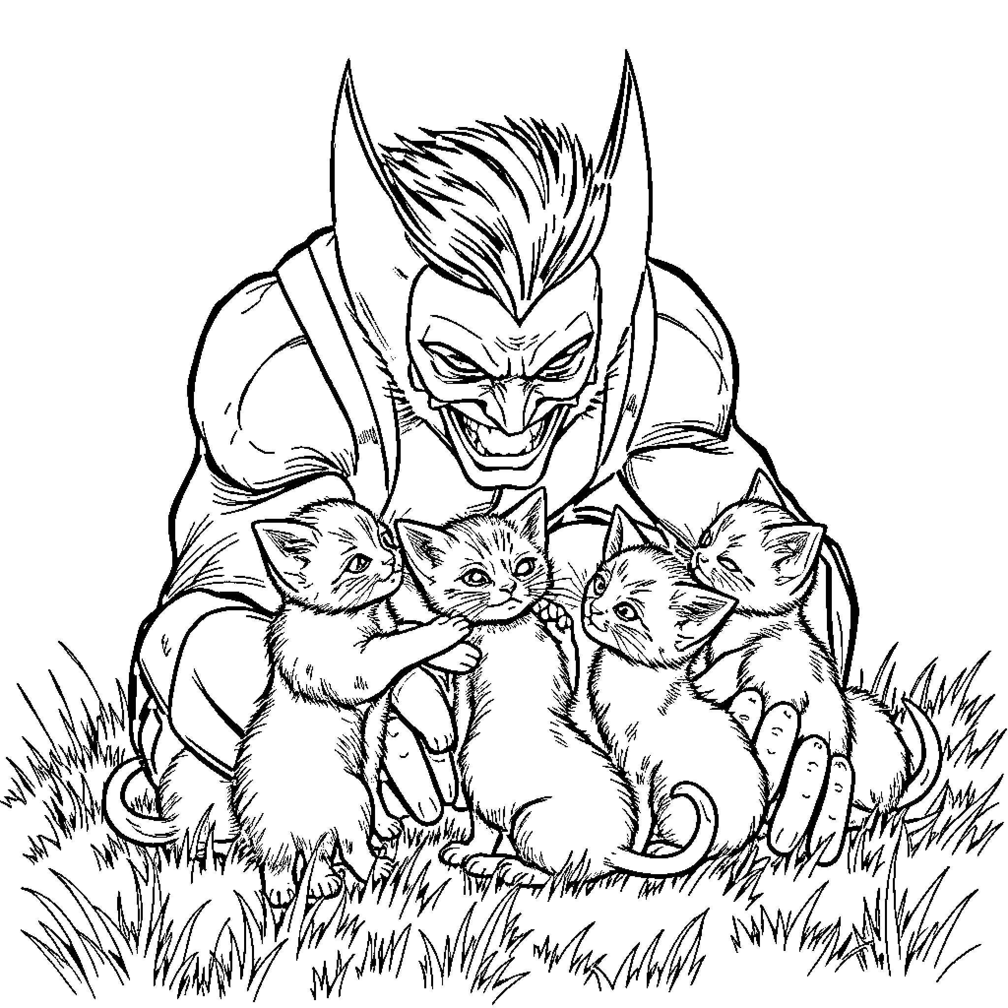 Wolverine surrounded by playful kittens in the wild Coloring Page (free black-and-white line drawing printable PDF for all, from beginners to advanced learners, including children, teens, adults, and seniors)