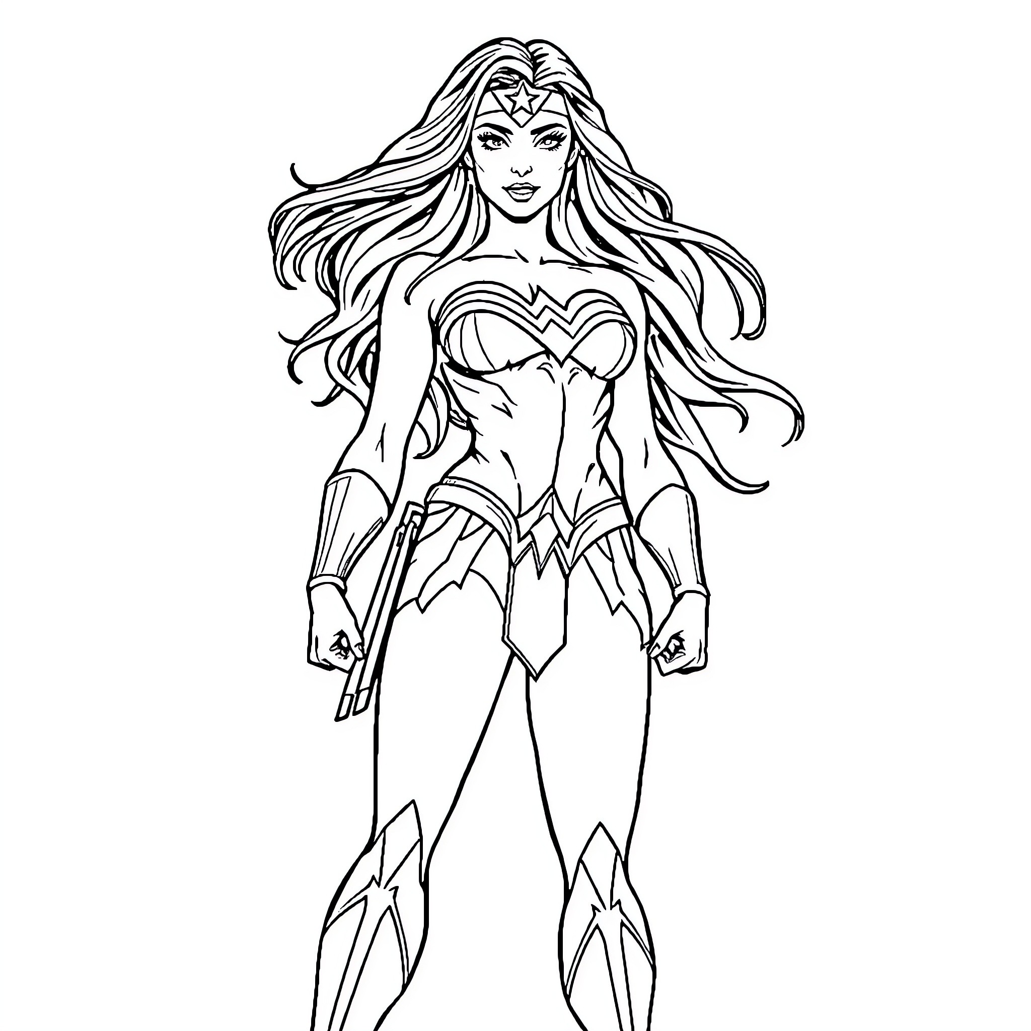 Wonder Woman in heroic battle pose Coloring Page (free black-and-white line drawing printable PDF for all, from beginners to advanced learners, including children, teens, adults, and seniors)