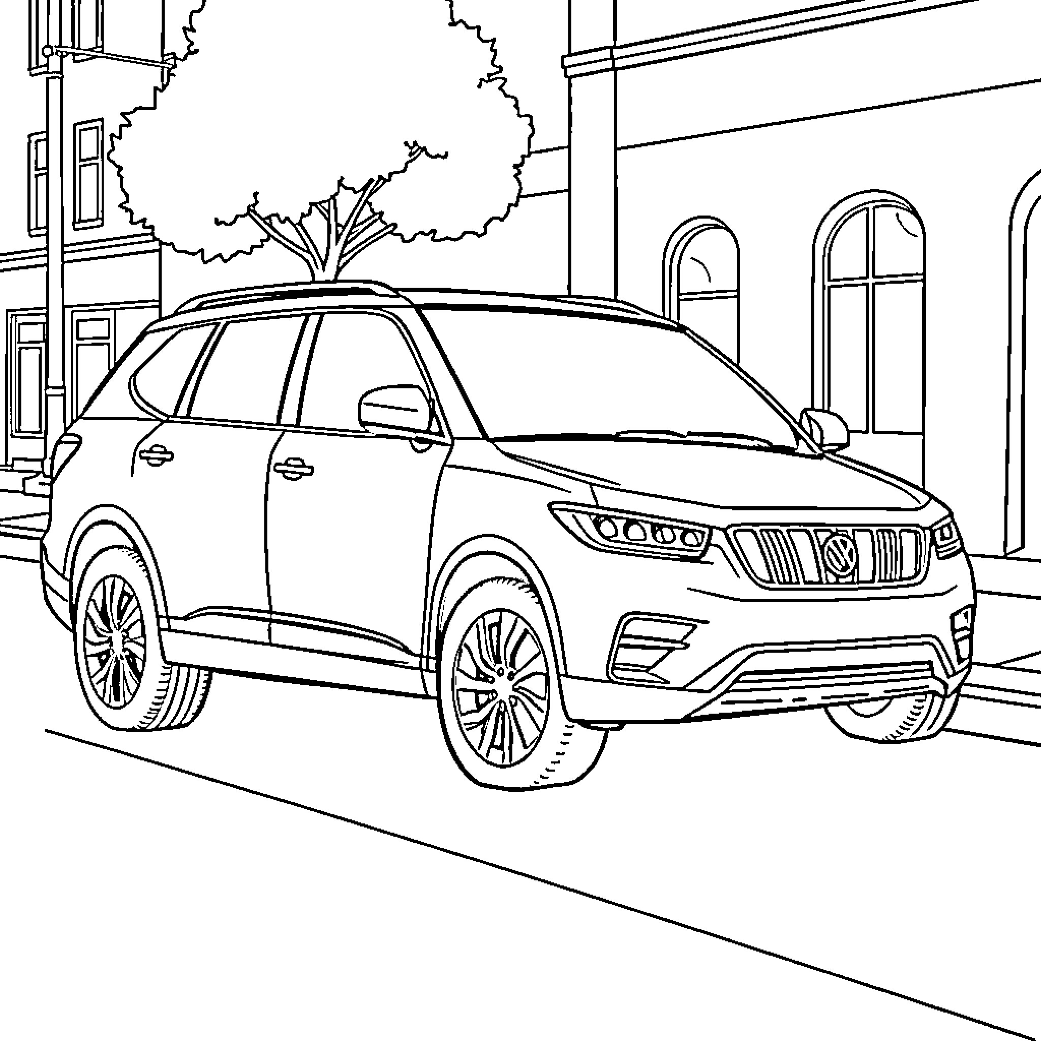 SUV parked on city street near building Coloring Page (free black-and-white line drawing printable PDF for all, from beginners to advanced learners, including children, teens, adults, and seniors)