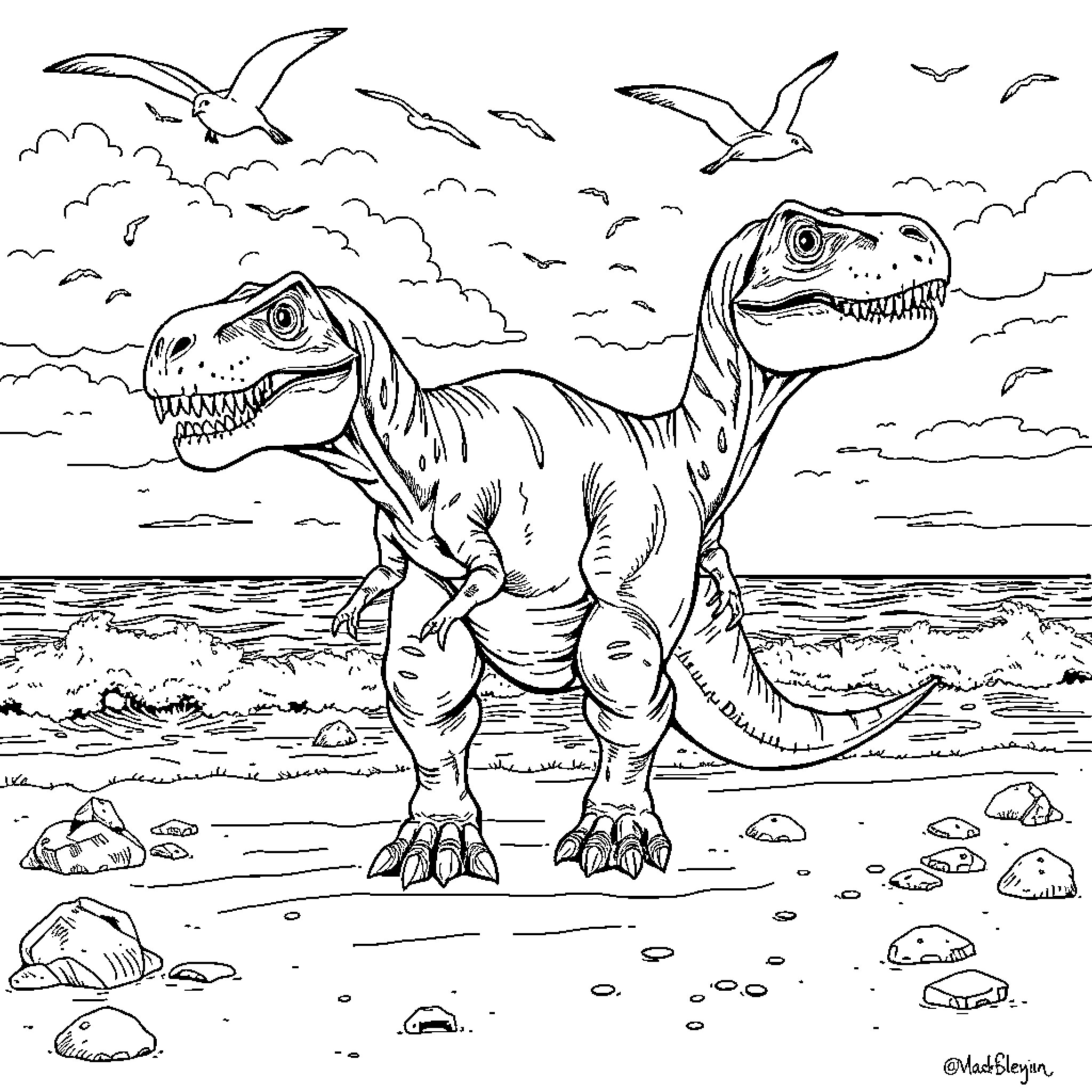 Distortus Rex - Tyrannosaurus Rexes amid coastal scenery Coloring Page (free black-and-white line drawing printable PDF for all, from beginners to advanced learners, including children, teens, adults, and seniors)