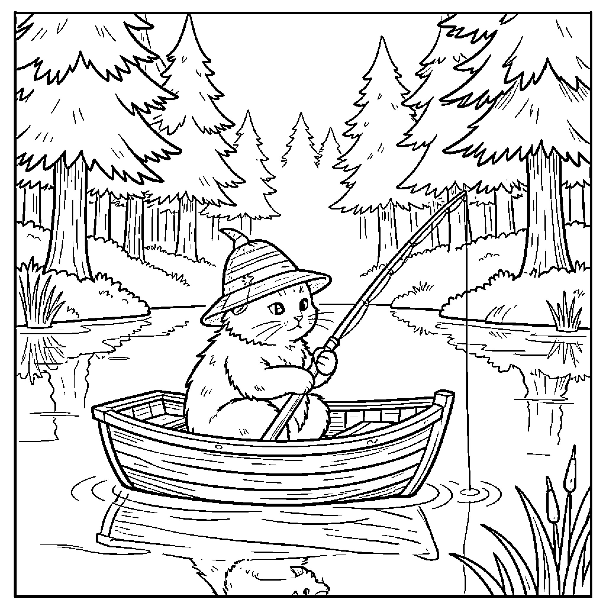 Cat fishing on a boat in the forest Coloring Page (free black-and-white line drawing printable PDF for all, from beginners to advanced learners, including children, teens, adults, and seniors)