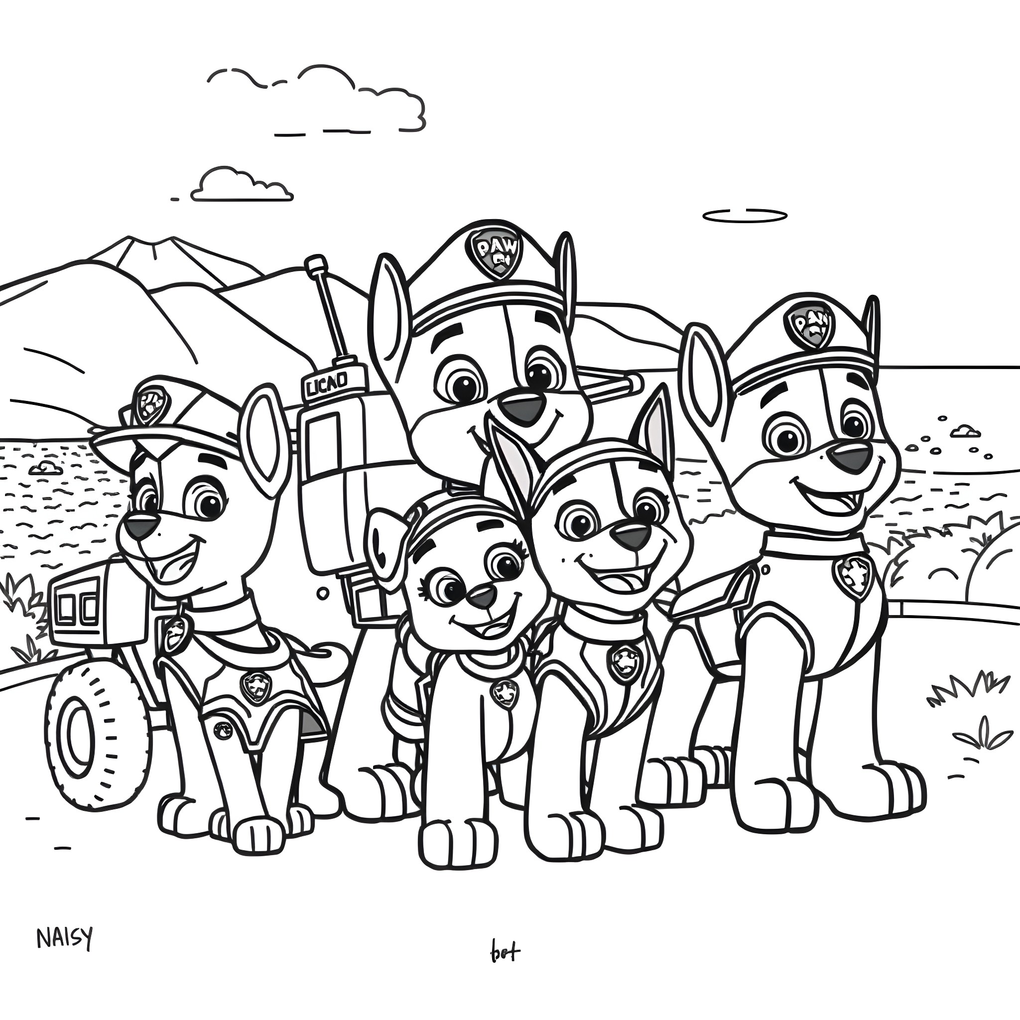 Paw Patrol characters on an adventure Coloring Page (free black-and-white line drawing printable PDF for all, from beginners to advanced learners, including children, teens, adults, and seniors)