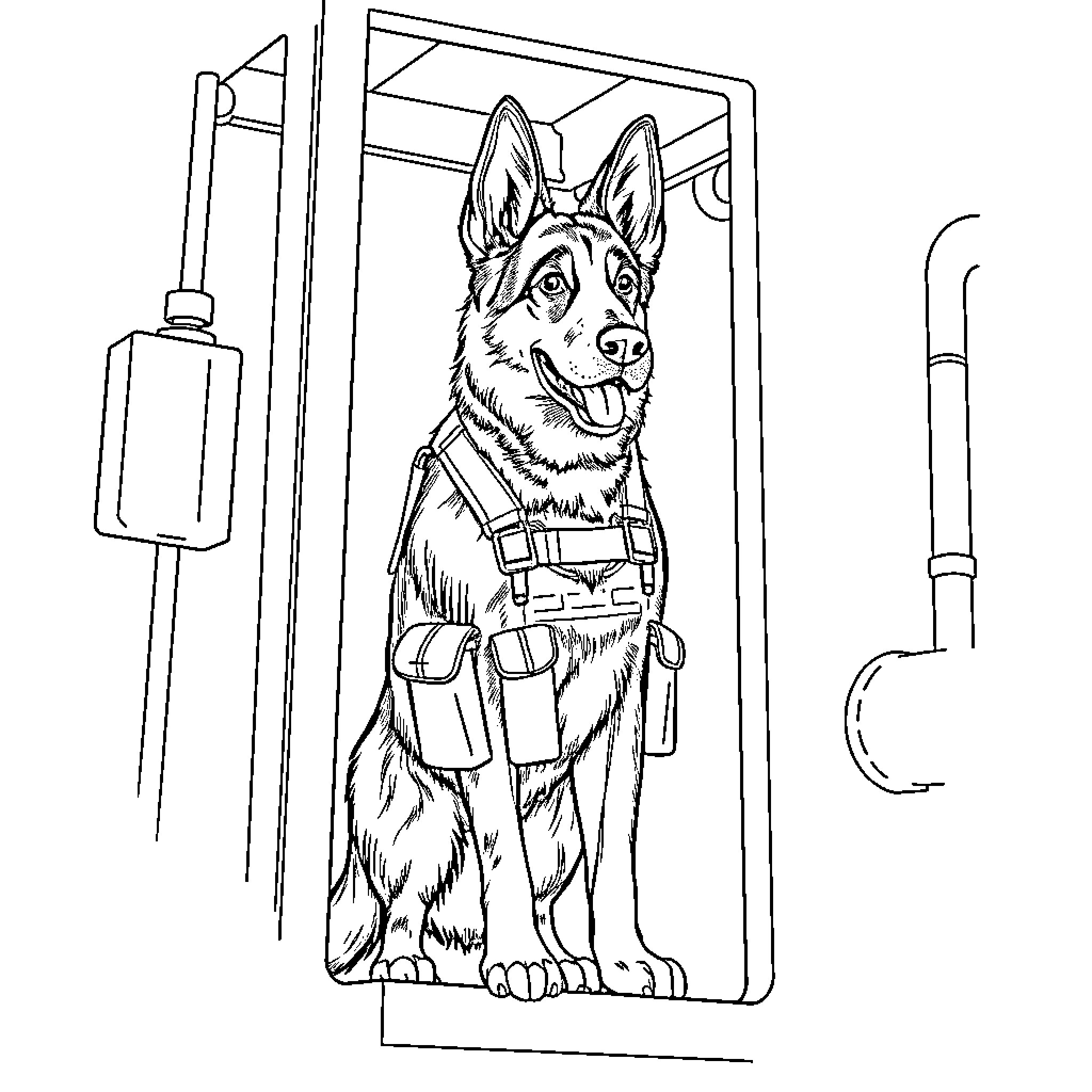 German Shepherd security dog on duty Coloring Page (free black-and-white line drawing printable PDF for all, from beginners to advanced learners, including children, teens, adults, and seniors)