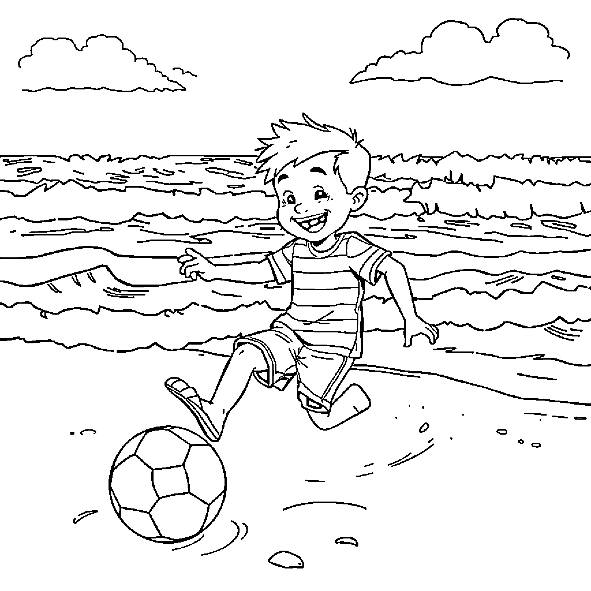Ruben playing with a soccer ball on the beach Coloring Page (free black-and-white line drawing printable PDF for all, from beginners to advanced learners, including children, teens, adults, and seniors)