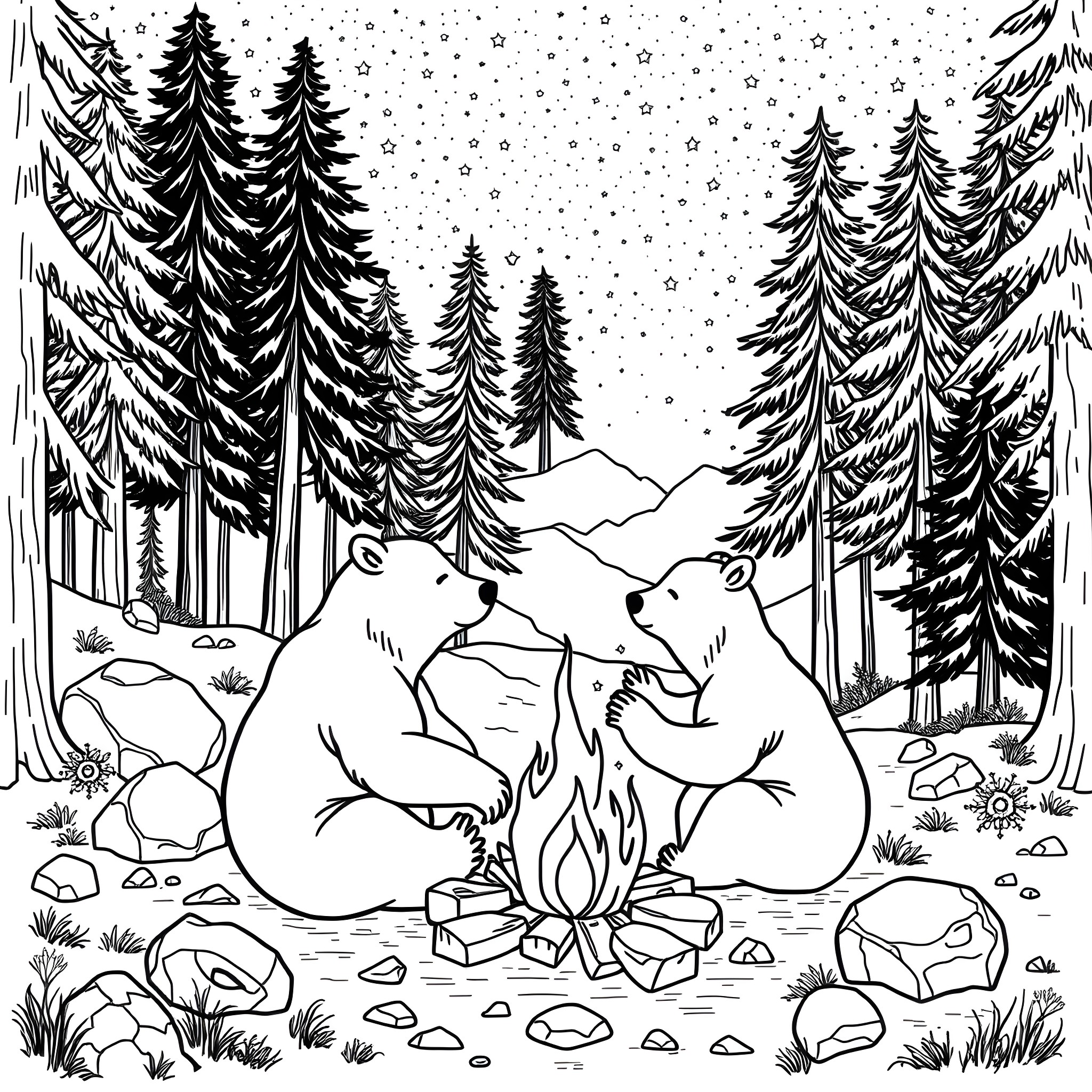 Bears Sitting Beside a Campfire in the Snowy Forest Coloring Page (free black-and-white line drawing printable PDF for all, from beginners to advanced learners, including children, teens, adults, and seniors)