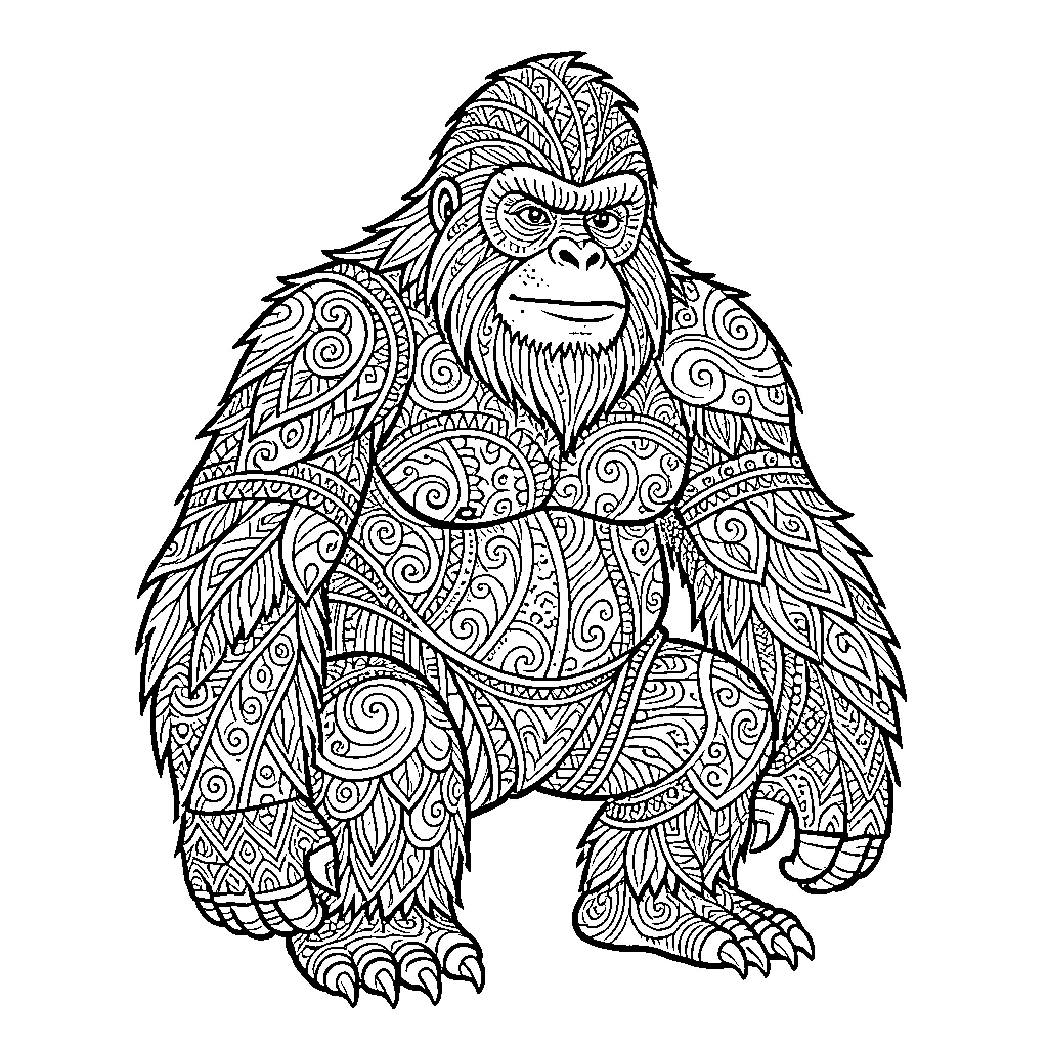 Sasquatch sitting in contemplative pose Coloring Page (free black-and-white line drawing printable PDF for all, from beginners to advanced learners, including children, teens, adults, and seniors)