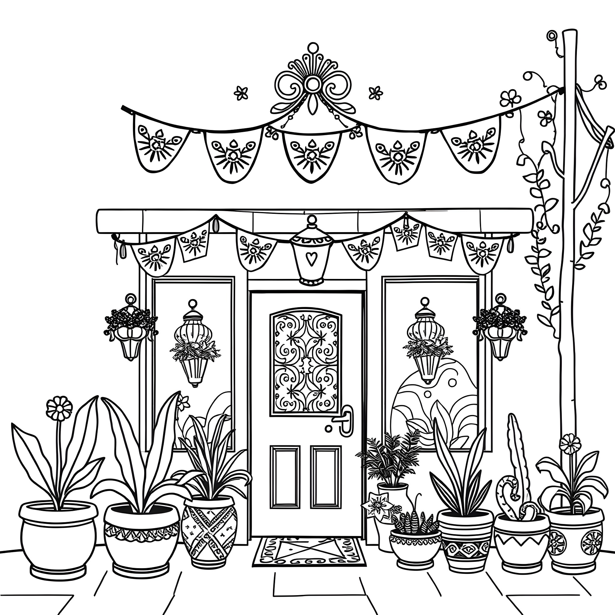 Shop Entrance with Decorative Flags and Potted Plants Coloring Page (free black-and-white line drawing printable PDF for all, from beginners to advanced learners, including children, teens, adults, and seniors)