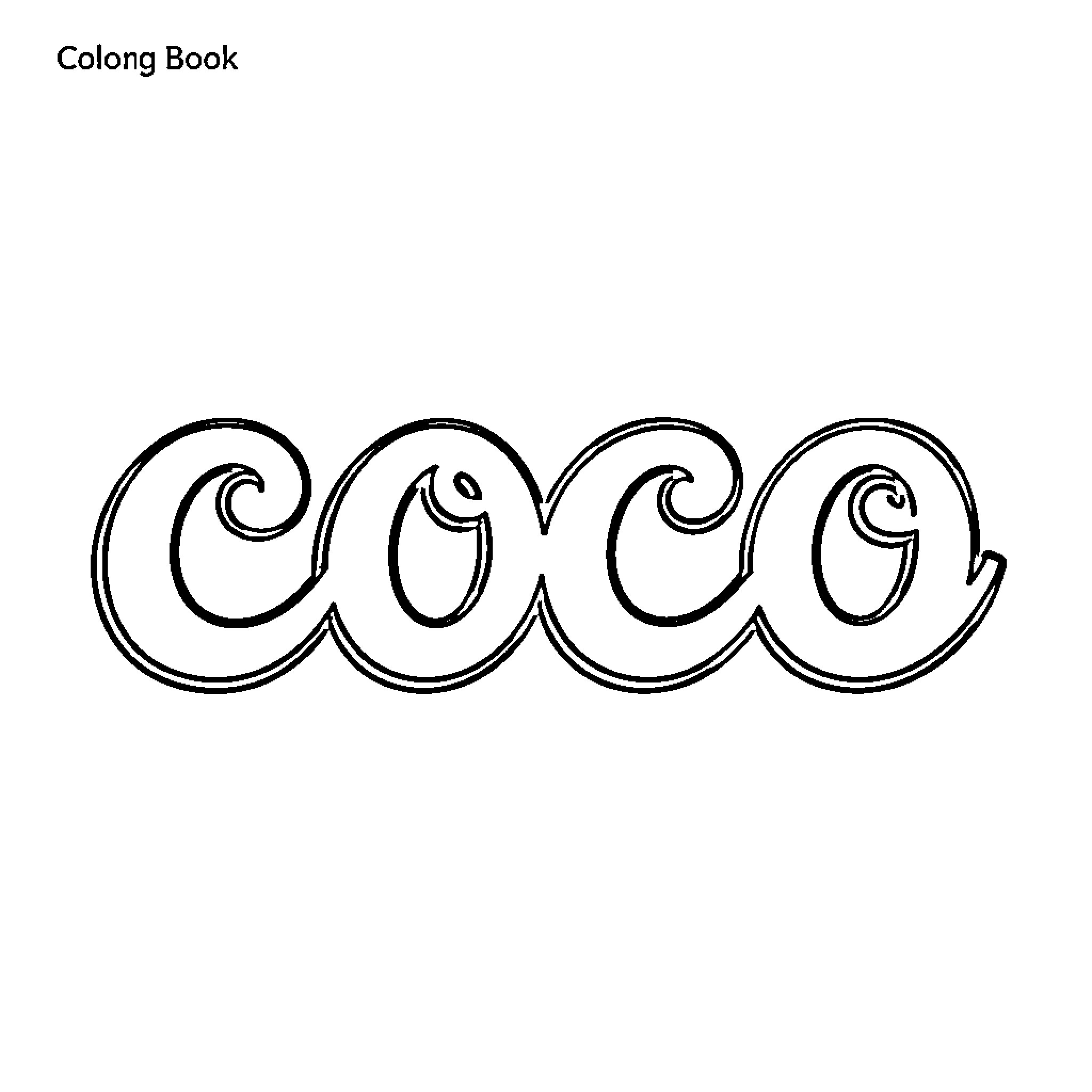 Coco: Whimsical Lettering Design Coloring Page (free black-and-white line drawing printable PDF for all, from beginners to advanced learners, including children, teens, adults, and seniors)