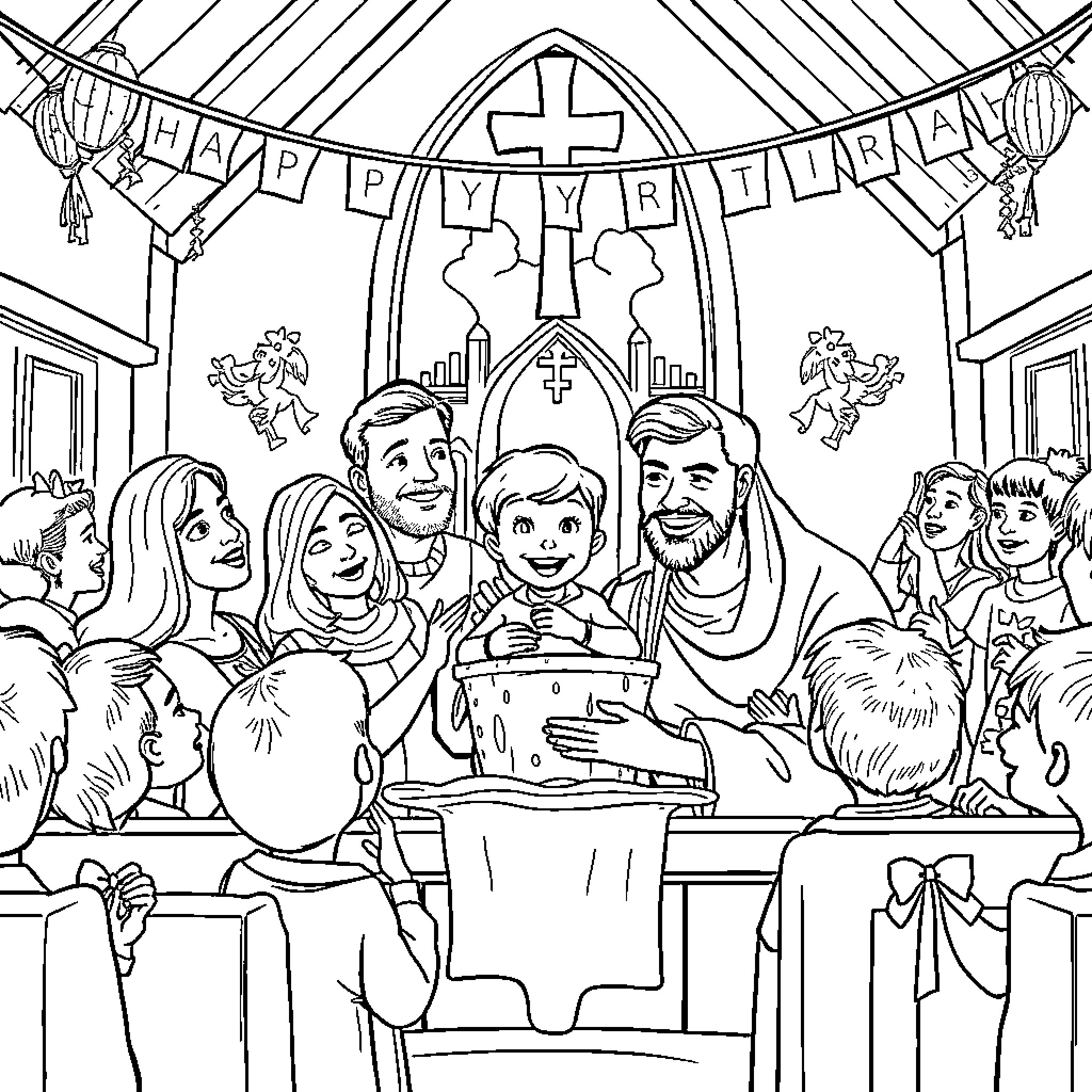 Baptism celebration with family and religious symbols Coloring Page (free black-and-white line drawing printable PDF for all, from beginners to advanced learners, including children, teens, adults, and seniors)