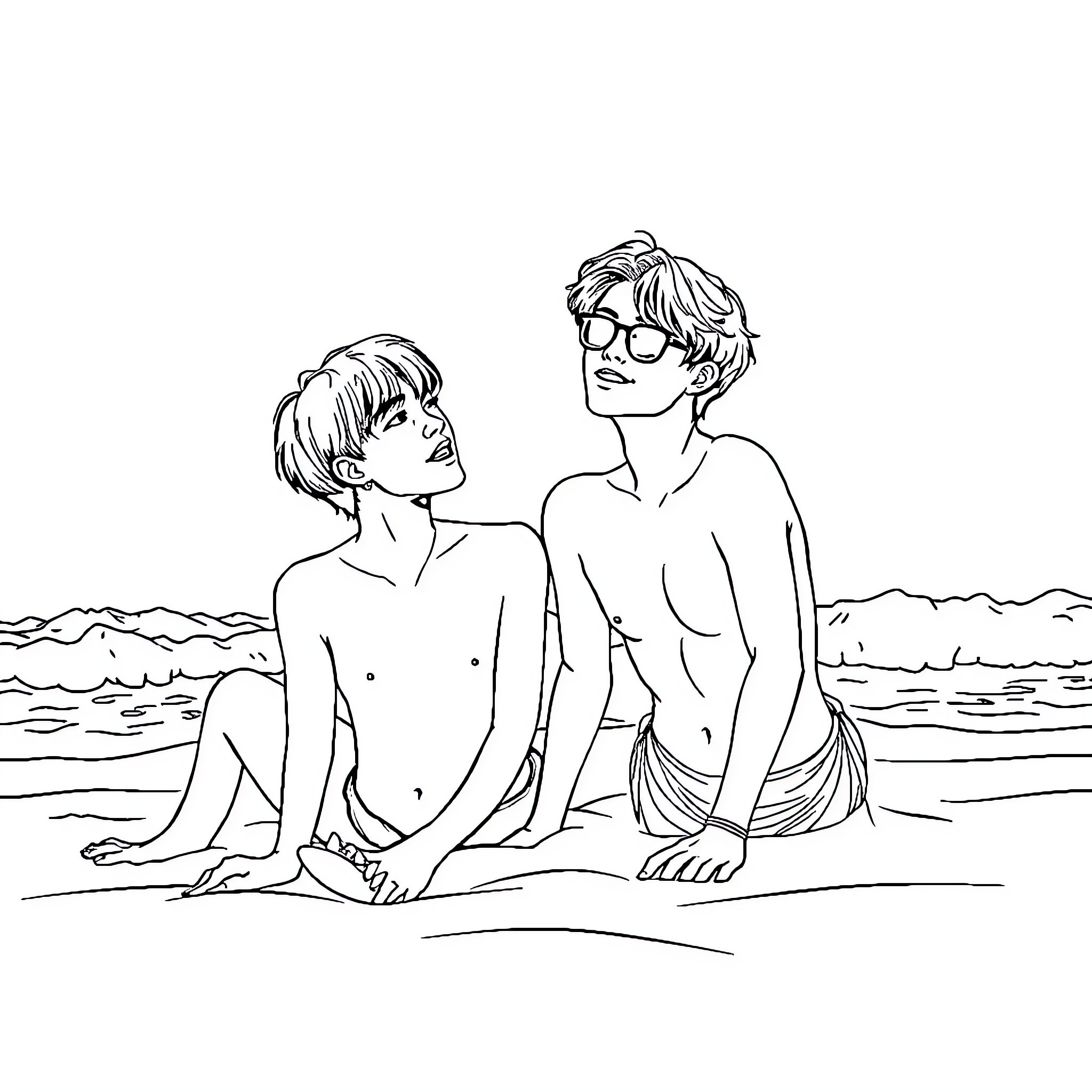 Jungkook and friend relaxing on the beach Coloring Page (free black-and-white line drawing printable PDF for all, from beginners to advanced learners, including children, teens, adults, and seniors)