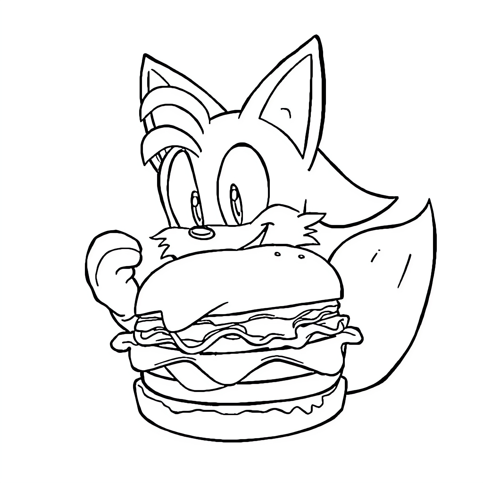 Tails enjoying a delicious burger Coloring Page (free black-and-white line drawing printable PDF for all, from beginners to advanced learners, including children, teens, adults, and seniors)