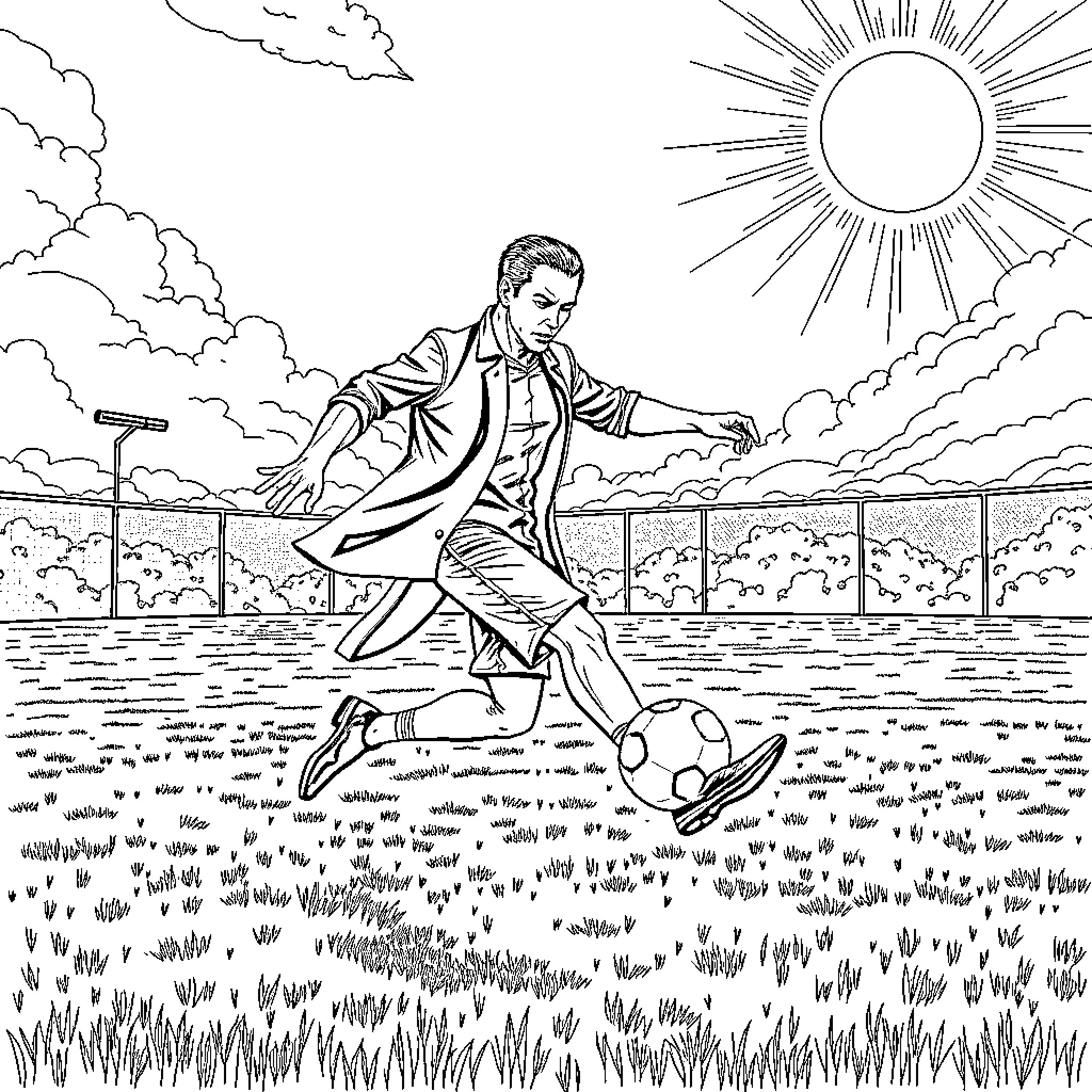 Neo's Energetic Soccer Match in the Sunlit Field Coloring Page (free black-and-white line drawing printable PDF for all, from beginners to advanced learners, including children, teens, adults, and seniors)
