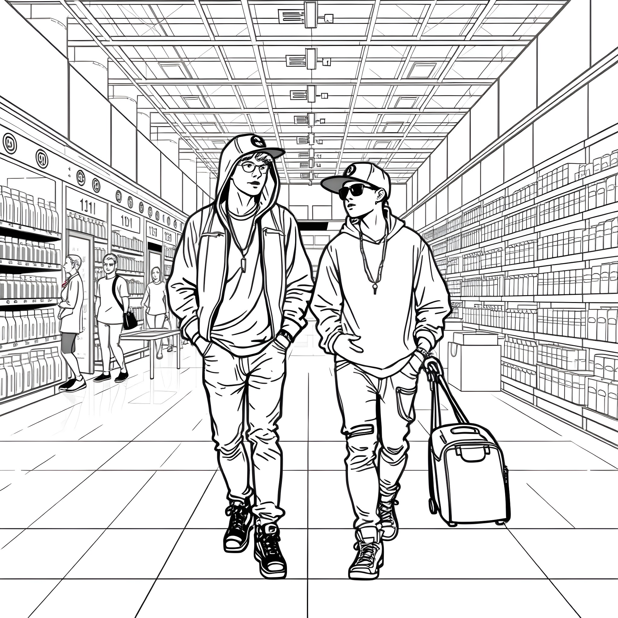 Teen Guys Shopping in Supermarket Coloring Page (free black-and-white line drawing printable PDF for all, from beginners to advanced learners, including children, teens, adults, and seniors)