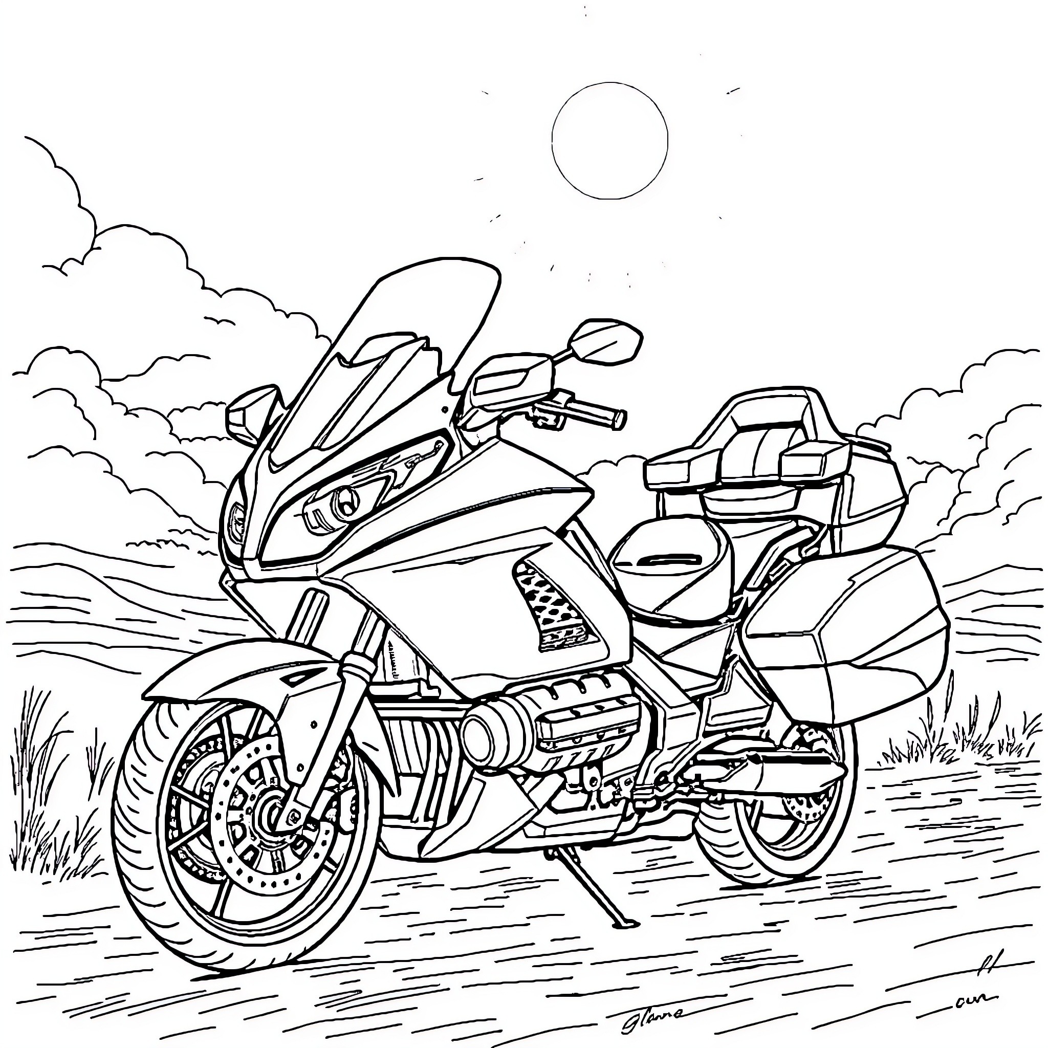 Goldwing motorcycle on a scenic road trip Coloring Page (free black-and-white line drawing printable PDF for all, from beginners to advanced learners, including children, teens, adults, and seniors)