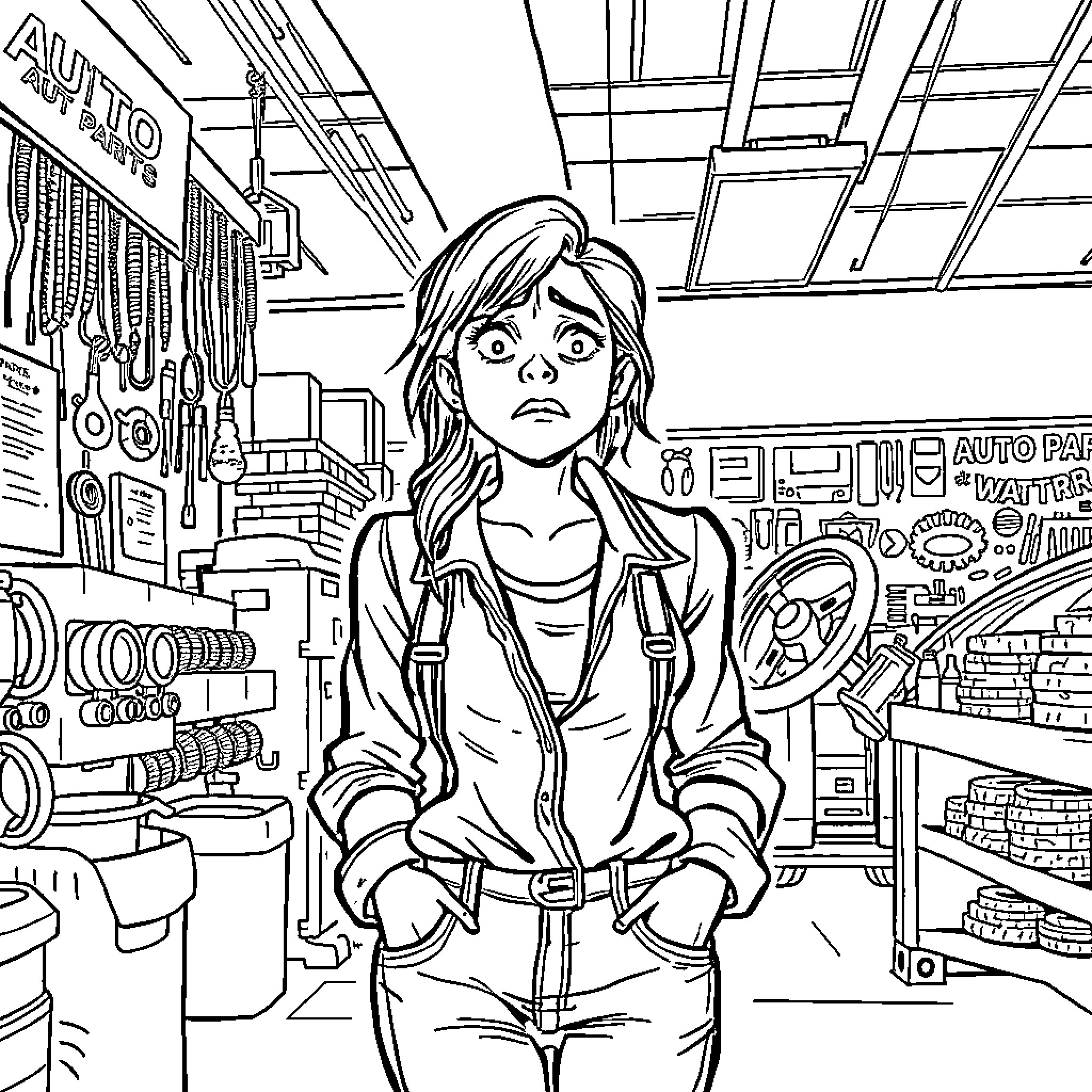 Woman looking concerned in a car parts shop Coloring Page (free black-and-white line drawing printable PDF for all, from beginners to advanced learners, including children, teens, adults, and seniors)