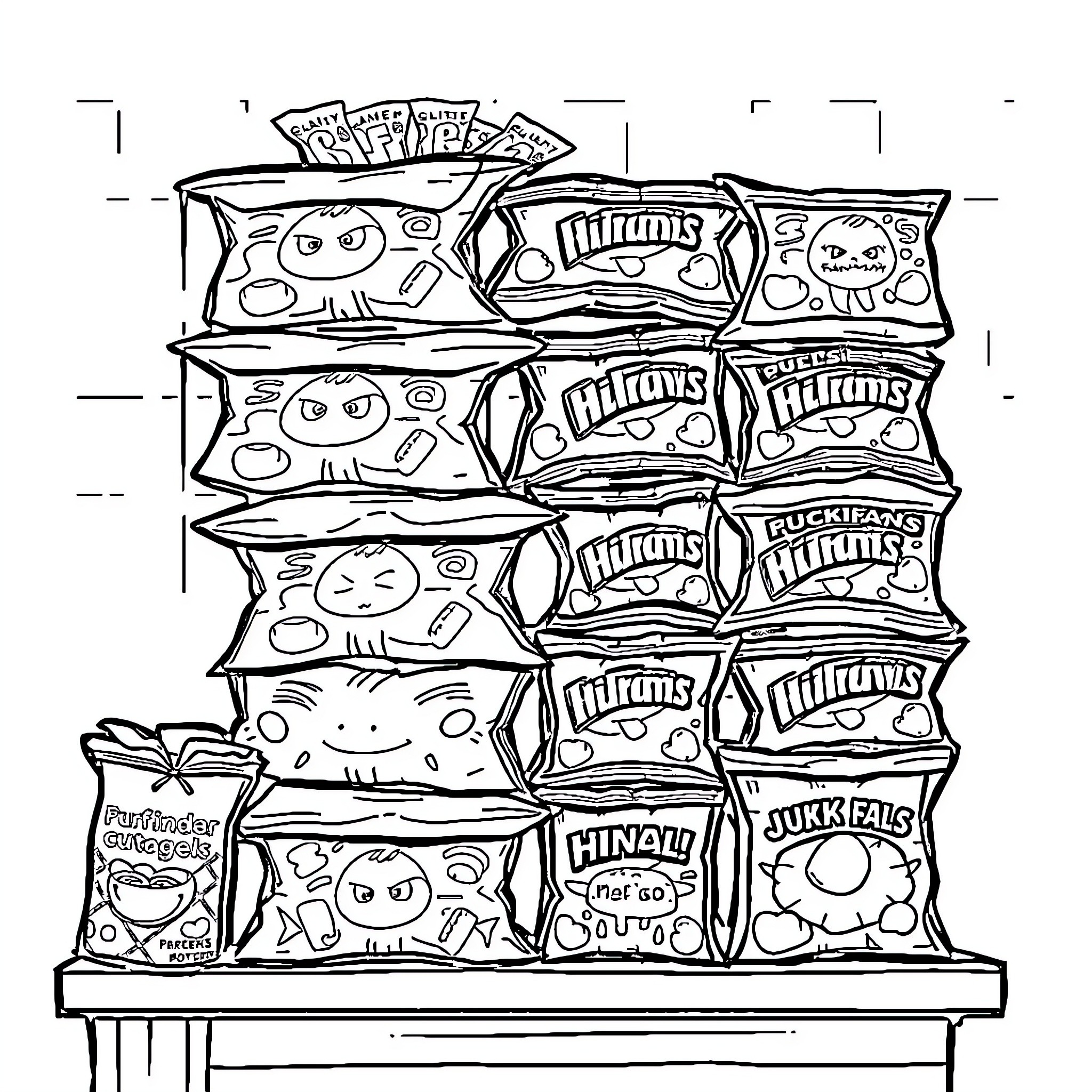 Junk Food Snack Shelves Coloring Page (free black-and-white line drawing printable PDF for all, from beginners to advanced learners, including children, teens, adults, and seniors)