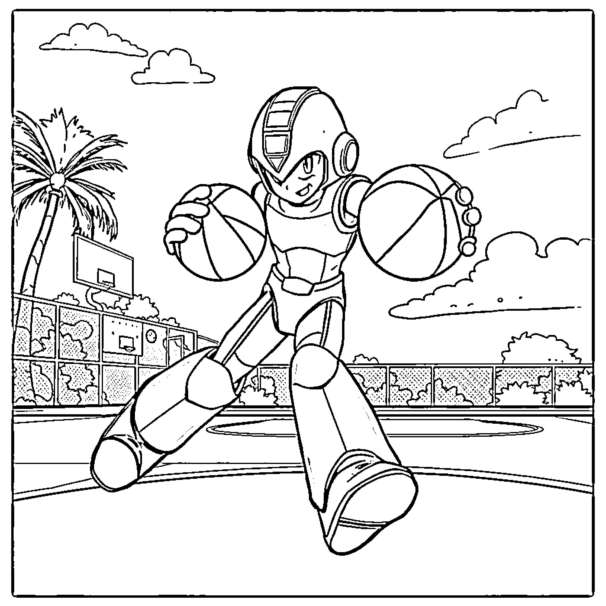 Mega Man playing with beach balls on the beach Coloring Page (free black-and-white line drawing printable PDF for all, from beginners to advanced learners, including children, teens, adults, and seniors)