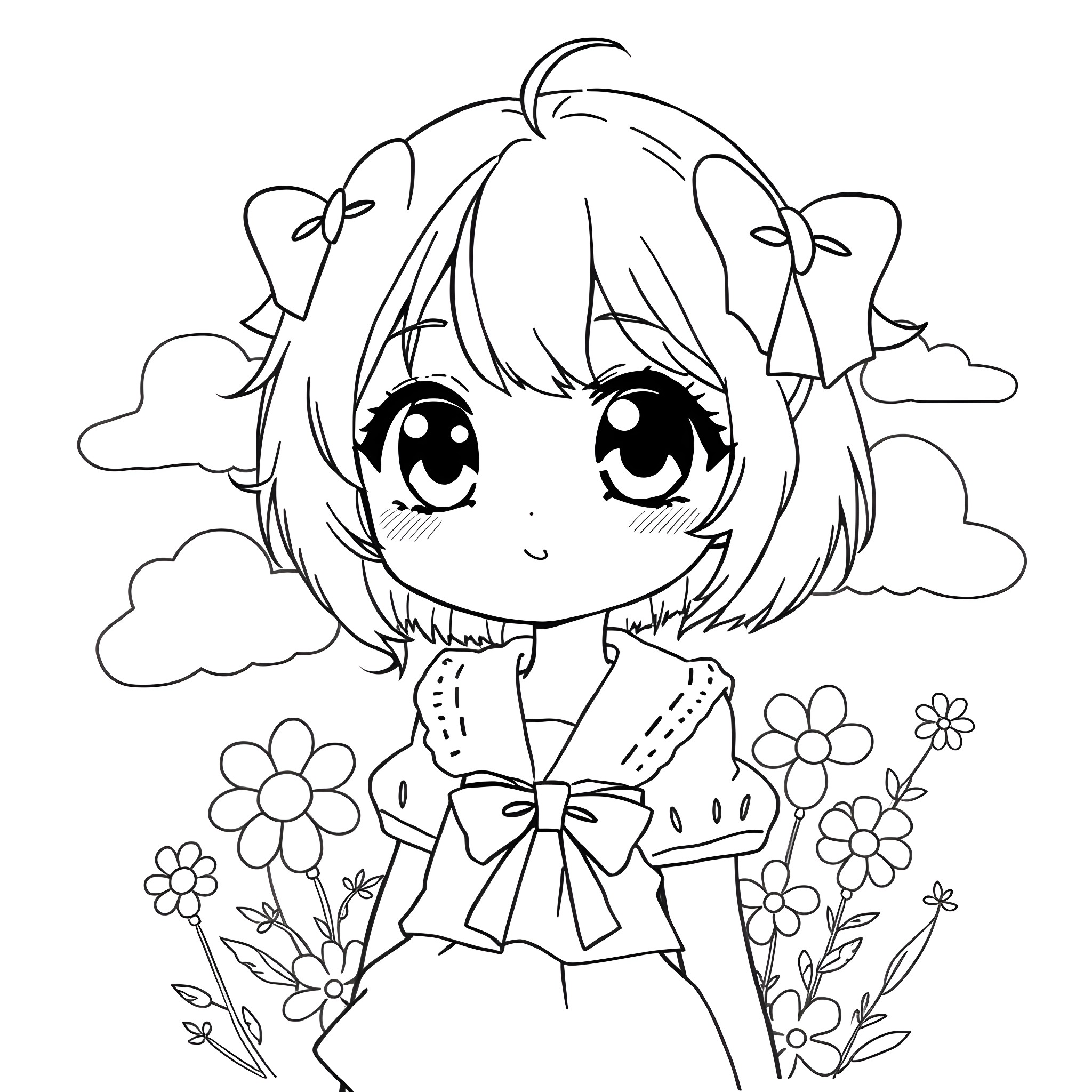 Anime Girl in Cute Floral Outfit Coloring Page (free black-and-white line drawing printable PDF for all, from beginners to advanced learners, including children, teens, adults, and seniors)
